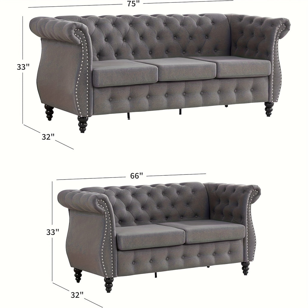 66'' Chesterfield Sofa - Upholstered Game Room Sofa with Tufted Back, Vintage Wood Legs And Nailhead Trim, Gray Recliner for Game And Recreation Room Furniture