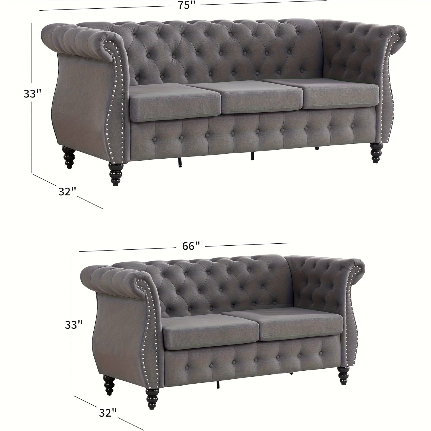 66'' Chesterfield Sofa - Upholstered Game Room Sofa with Tufted Back, Vintage Wood Legs And Nailhead Trim, Gray Recliner for Game And Recreation Room Furniture