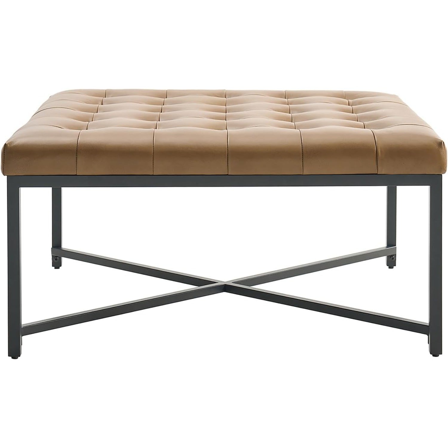 Upholstered Coffee Table with Leather Padded Seat, Button Large Square Ottoman with Black Metal Frame, Genuine Leather