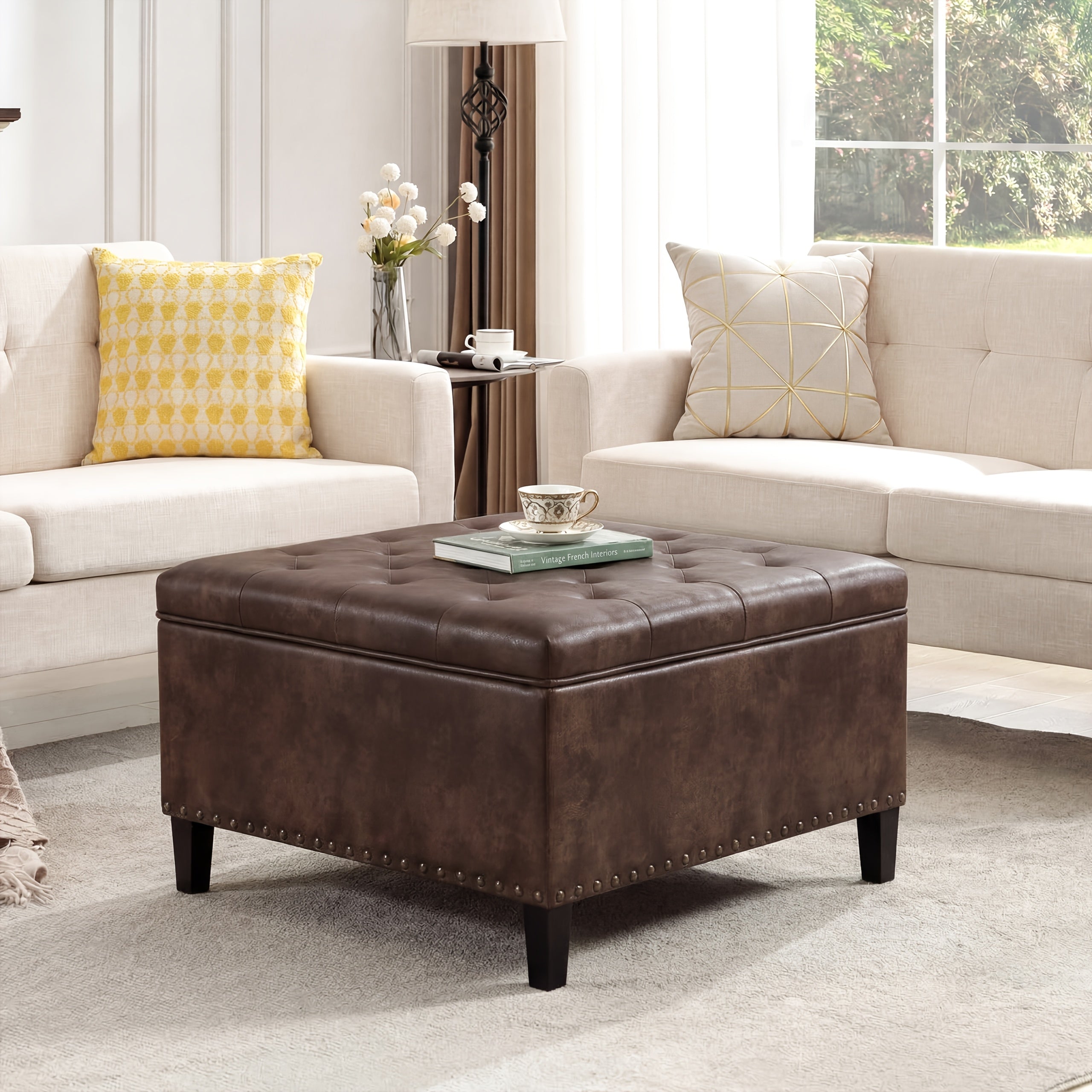 Storage Square Ottoman with Faux Leather Upholstery Bench with Rivet Footrest Coffee Table with Wood Legs for Living Room Bedroom and Entryway