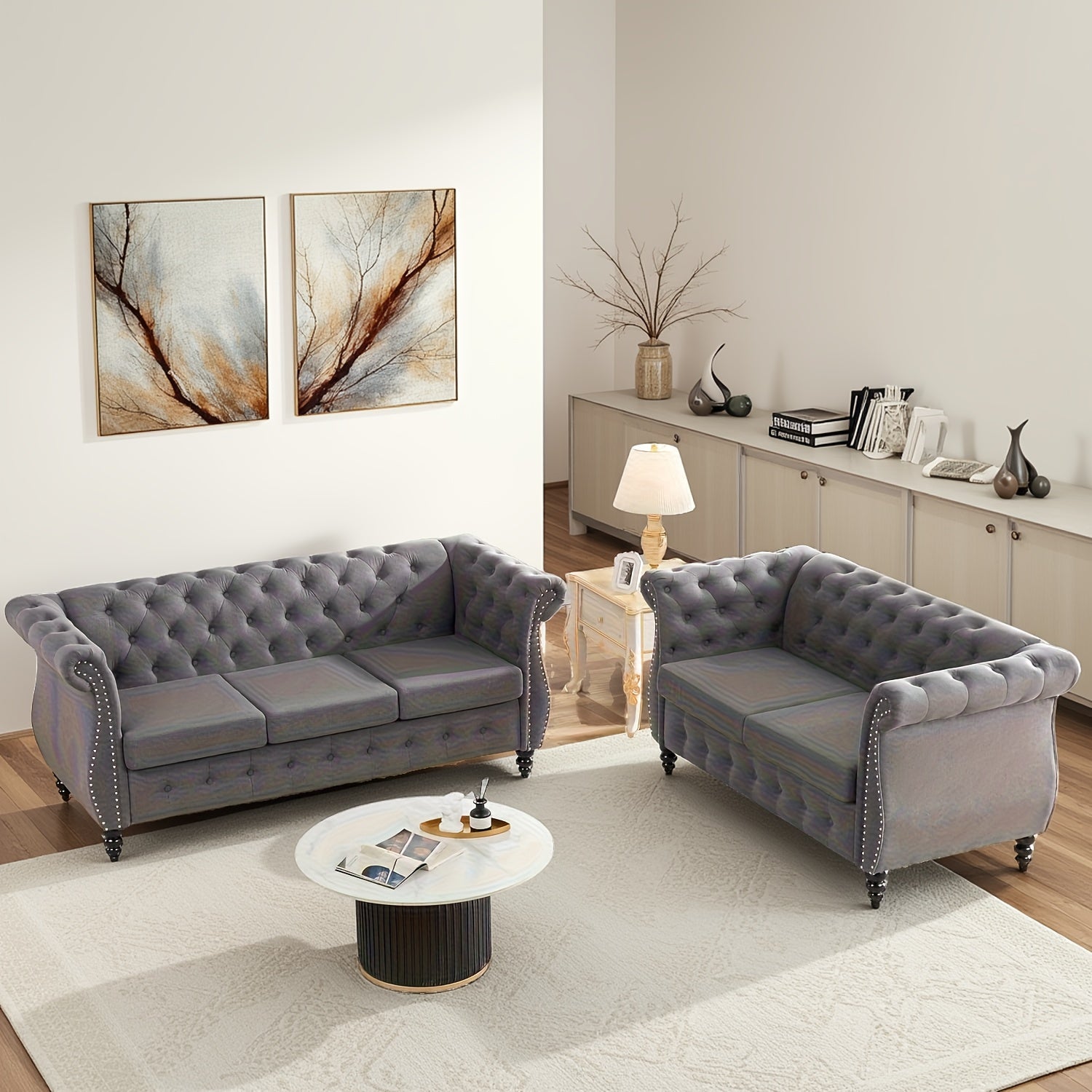 66'' Chesterfield Sofa - Upholstered Game Room Sofa with Tufted Back, Vintage Wood Legs And Nailhead Trim, Gray Recliner for Game And Recreation Room Furniture