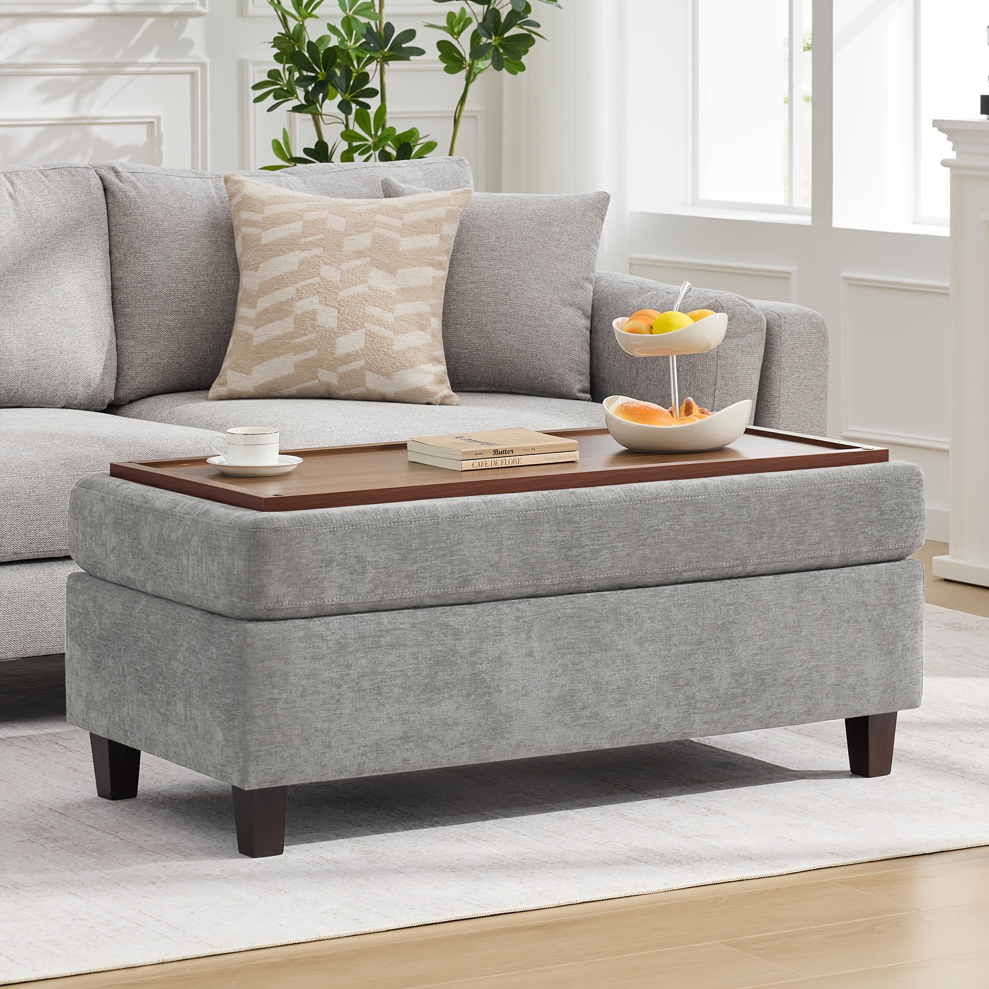 45 Inch Large Multifunctional Storage Ottoman Bench with Coffee Table Top & Chenille Upholstery - Solid Legs, Suitable for Living Room, Bedroom, Entryway Furniture - Footrest, Stool, Bench with Hidden Storage Compartment