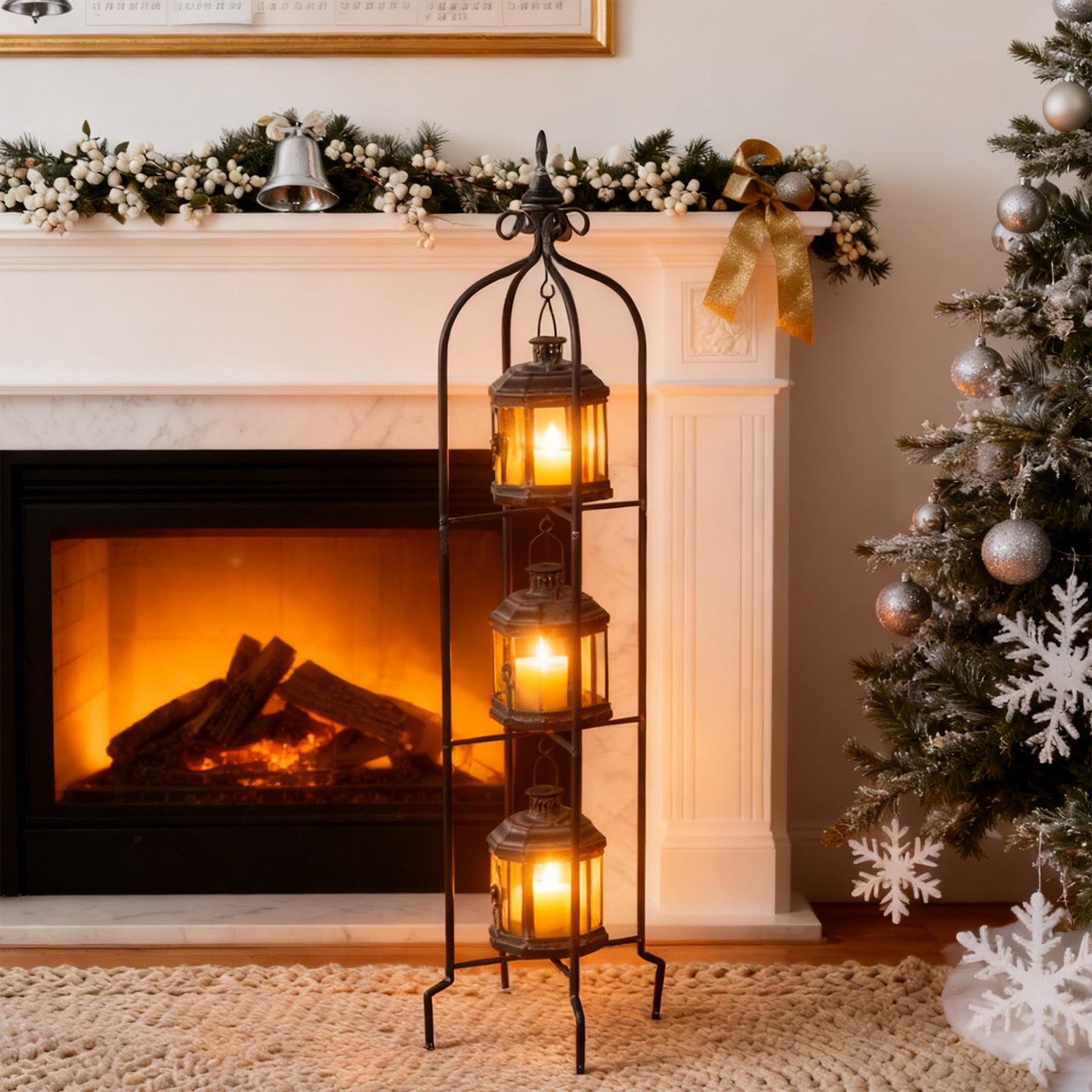 Metal Tall Floor Candle Lantern Holders Set Foldable 45 Inch 3 Tier Candle Stand with 3pcs Decorative Lanterns for Indoor Outdoor Yard Porch Room Patio Garden Balcony Wedding