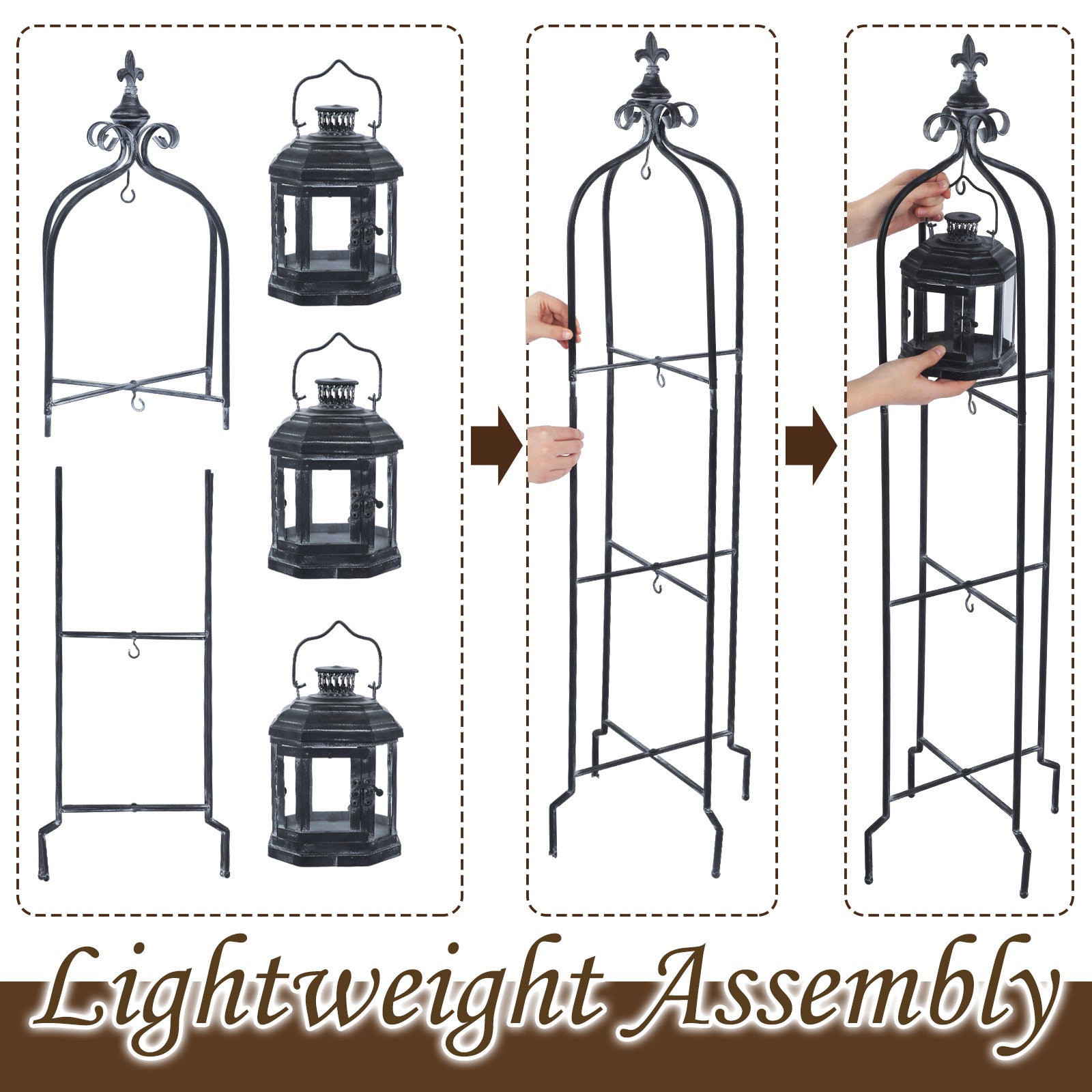 Metal Tall Floor Candle Lantern Holders Set Foldable 45 Inch 3 Tier Candle Stand with 3pcs Decorative Lanterns for Indoor Outdoor Yard Porch Room Patio Garden Balcony Wedding