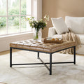 Upholstered Coffee Table with Leather Padded Seat, Button Large Square Ottoman with Black Metal Frame, Genuine Leather