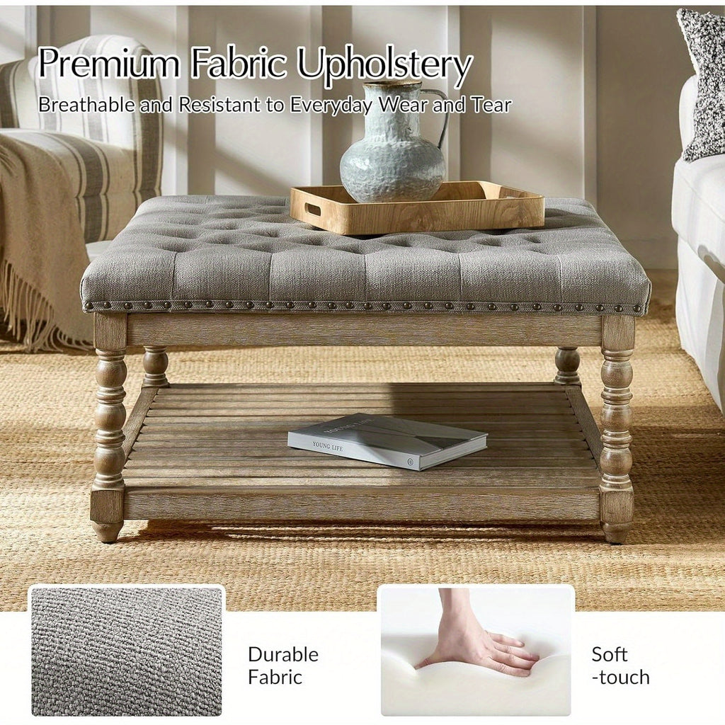 Rectangular Upholstered Coffee Table Ottoman Featuring Spindle Wooden Legs, Tufted Design, And a Solid Wood Storage Shelf for The Living Room