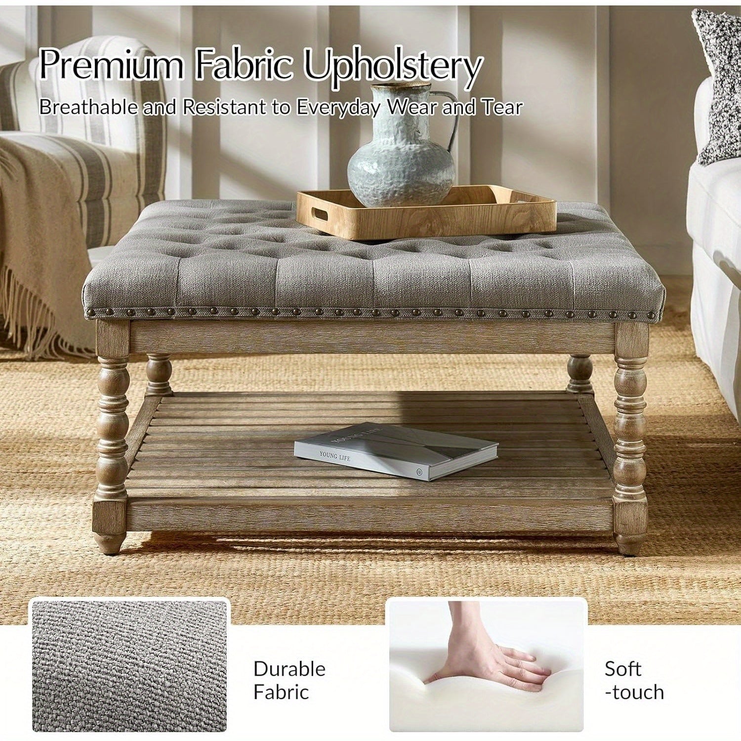 Rectangular Upholstered Coffee Table Ottoman Featuring Spindle Wooden Legs, Tufted Design, And a Solid Wood Storage Shelf for The Living Room