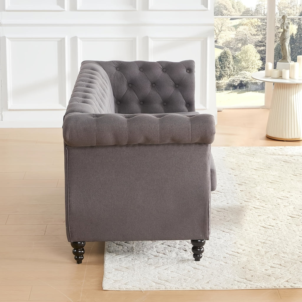 66'' Chesterfield Sofa - Upholstered Game Room Sofa with Tufted Back, Vintage Wood Legs And Nailhead Trim, Gray Recliner for Game And Recreation Room Furniture