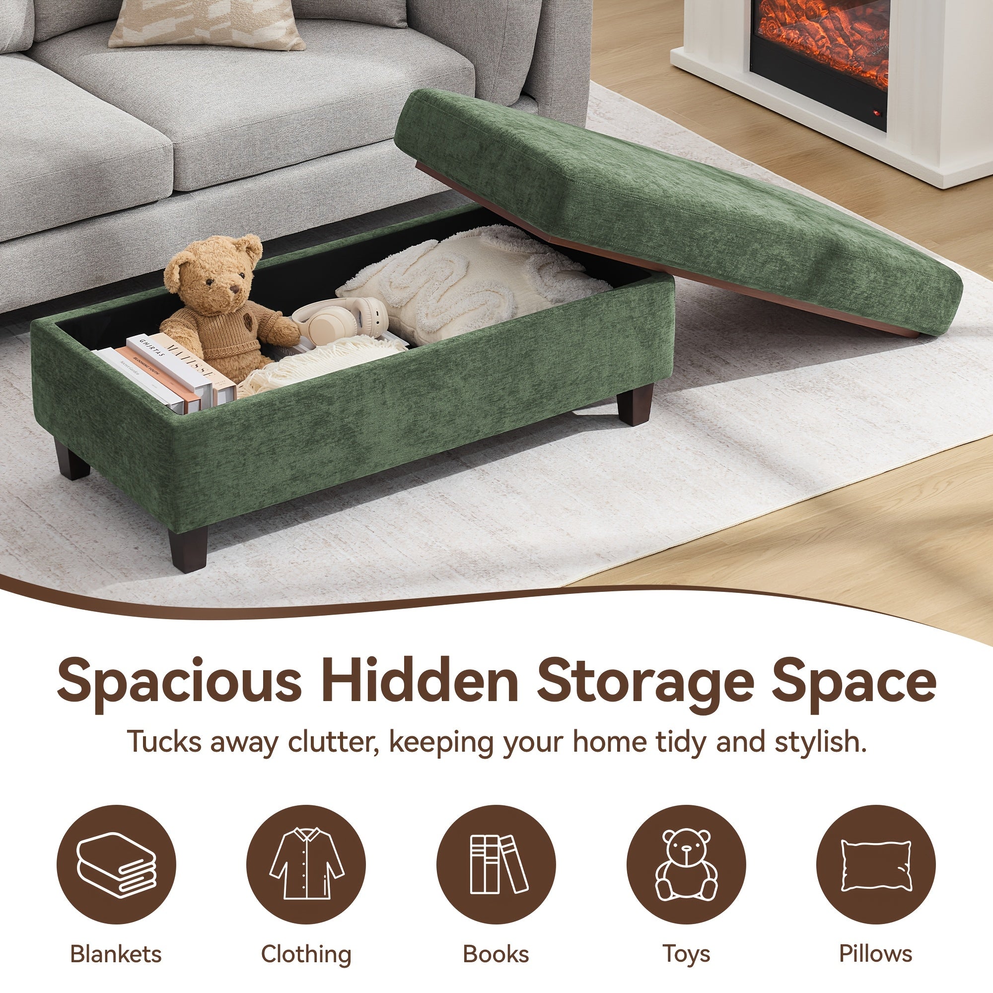 45 Inch Large Multifunctional Storage Ottoman Bench with Coffee Table Top & Chenille Upholstery - Solid Legs, Suitable for Living Room, Bedroom, Entryway Furniture - Footrest, Stool, Bench with Hidden Storage Compartment