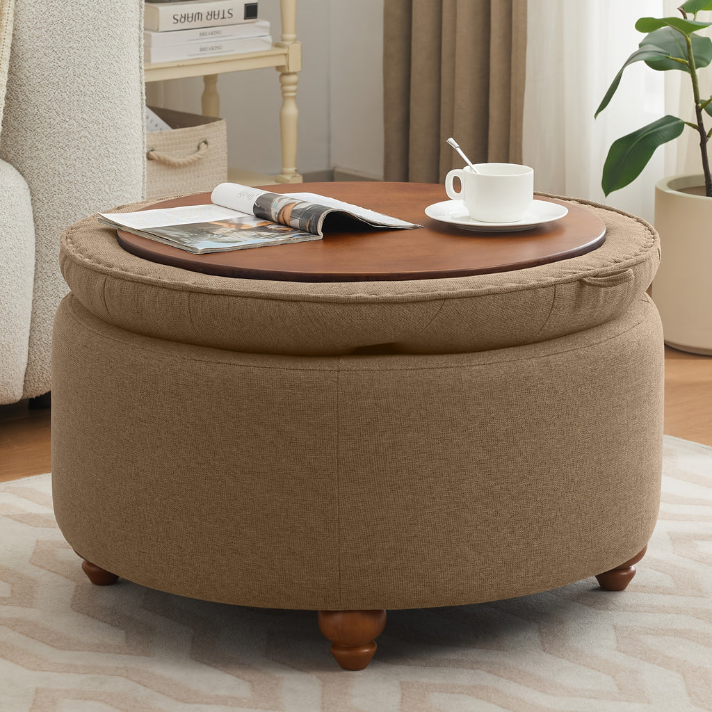 30-Inch Round Storage Ottoman Featuring a Tray, Modern Tufted Fabric Design, Serves As a Coffee Table with Storage, Upholstered with a Removable Top Suitable for Living Rooms And Bedrooms