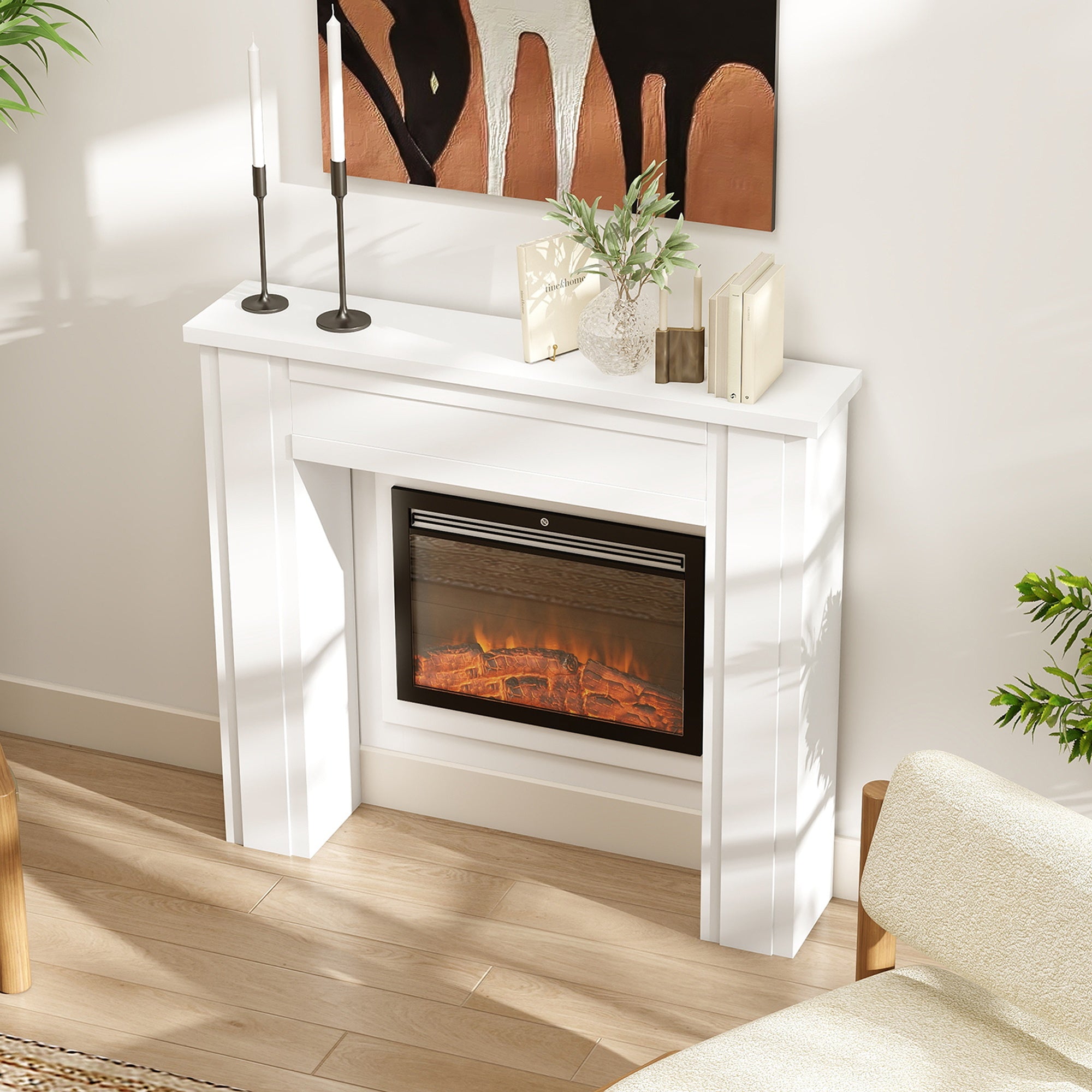 Modern White Fireplace Mantel Shelf with Surround Frame & Legs - Solid Mantel Suitable for Fireplaces, Inserts, Stoves, Inserts - Contemporary Minimalist for,, Centerpiece for Firewood Display and Decorative Use
