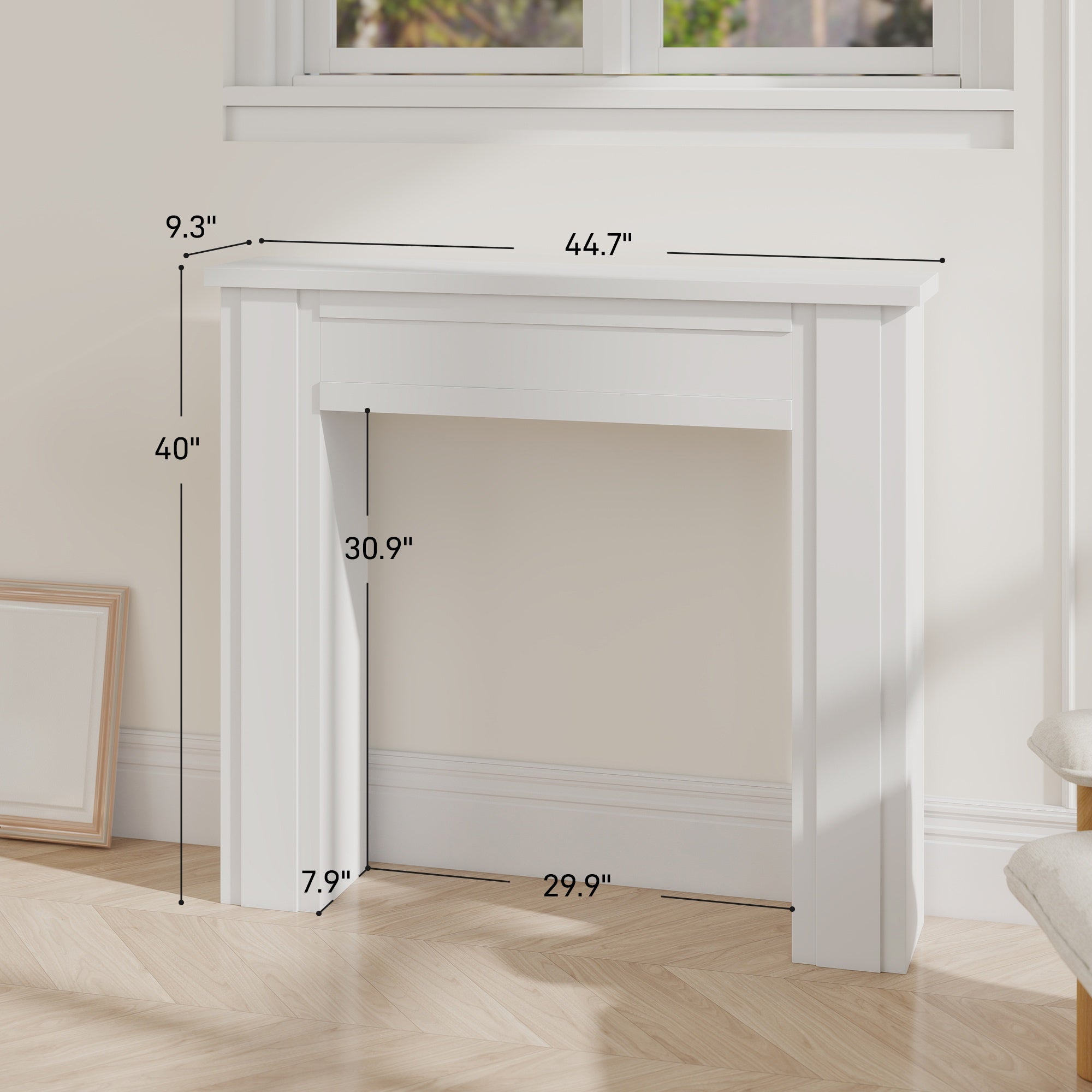 Modern White Fireplace Mantel Shelf with Surround Frame & Legs - Solid Mantel Suitable for Fireplaces, Inserts, Stoves, Inserts - Contemporary Minimalist for,, Centerpiece for Firewood Display and Decorative Use