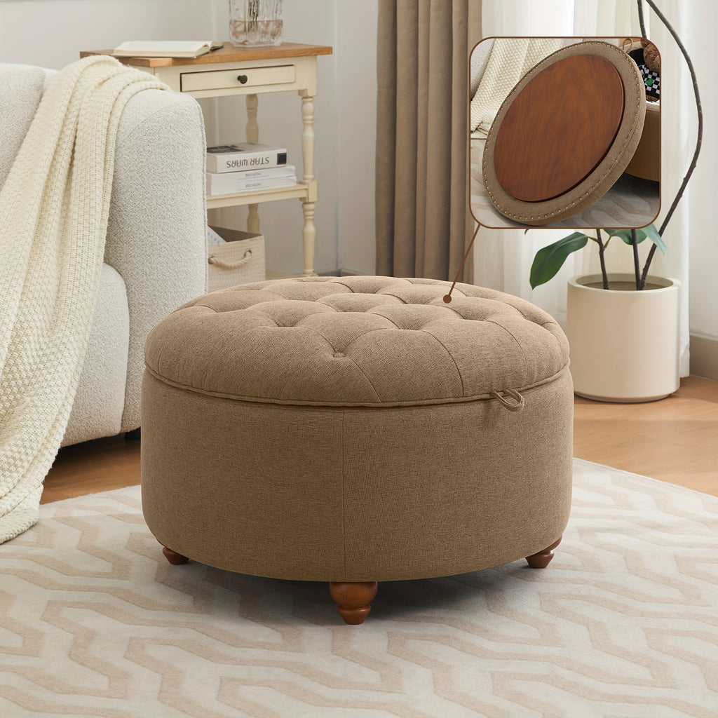 30-Inch Round Storage Ottoman Featuring a Tray, Modern Tufted Fabric Design, Serves As a Coffee Table with Storage, Upholstered with a Removable Top Suitable for Living Rooms And Bedrooms