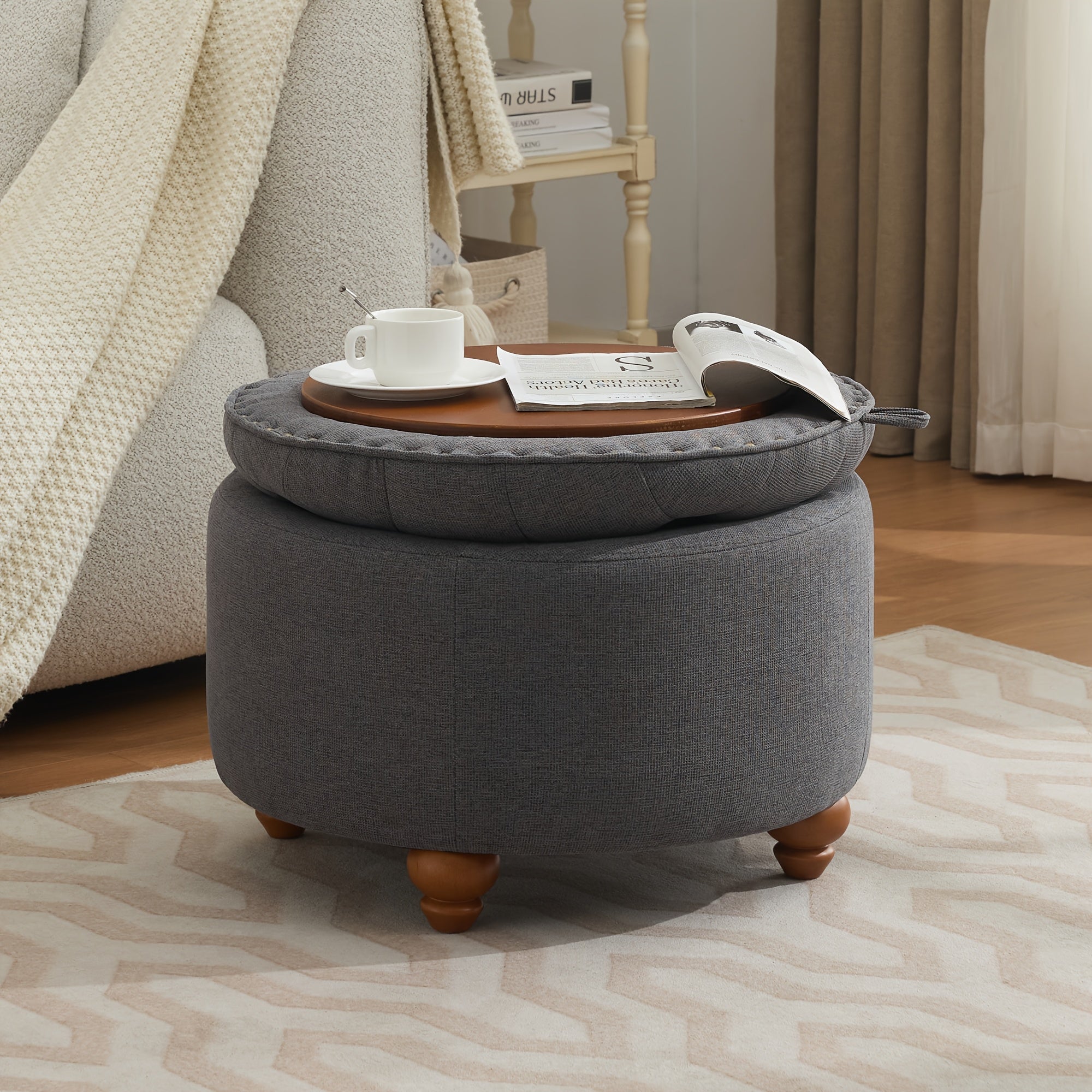 30-Inch Round Storage Ottoman Featuring a Tray, Modern Tufted Fabric Design, Serves As a Coffee Table with Storage, Upholstered with a Removable Top Suitable for Living Rooms And Bedrooms