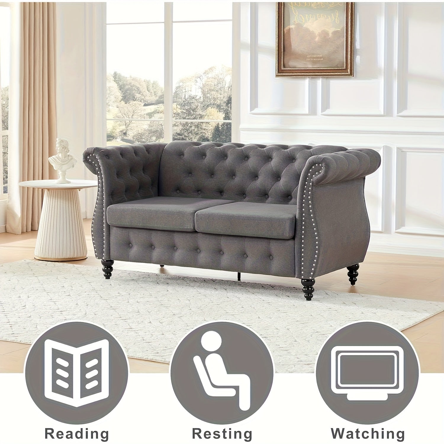 66'' Chesterfield Sofa - Upholstered Game Room Sofa with Tufted Back, Vintage Wood Legs And Nailhead Trim, Gray Recliner for Game And Recreation Room Furniture