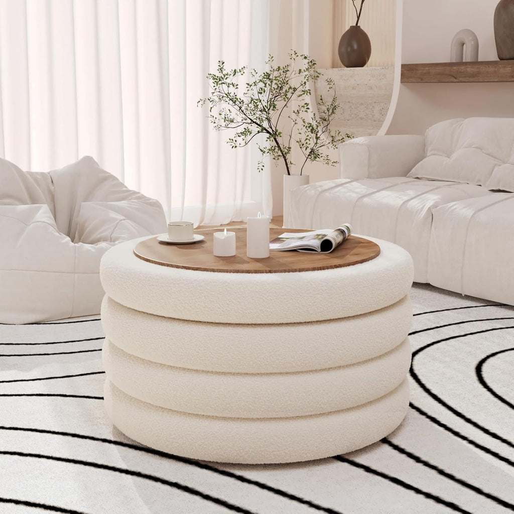 30 Inch Round Ottoman Coffee Table with Storage | Large Sherpa Storage Coffee Table Ottoman with Tray, Multi-Functional Cozy Modern Foot Rest for Couch, Living Room, Cream White, HOSEOKA