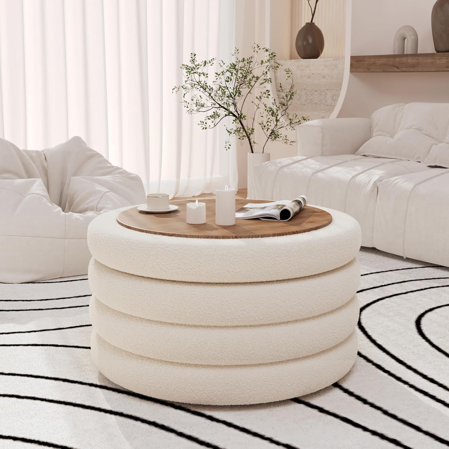 30 Inch Round Ottoman Coffee Table with Storage | Large Sherpa Storage Coffee Table Ottoman with Tray, Multi-Functional Cozy Modern Foot Rest for Couch, Living Room, Cream White, HOSEOKA