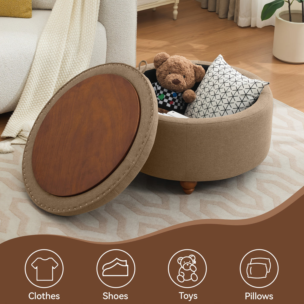 30-Inch Round Storage Ottoman Featuring a Tray, Modern Tufted Fabric Design, Serves As a Coffee Table with Storage, Upholstered with a Removable Top Suitable for Living Rooms And Bedrooms