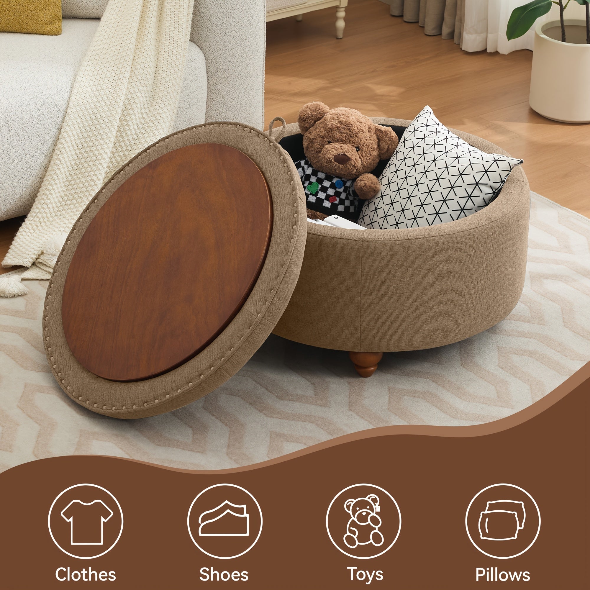 30-Inch Round Storage Ottoman Featuring a Tray, Modern Tufted Fabric Design, Serves As a Coffee Table with Storage, Upholstered with a Removable Top Suitable for Living Rooms And Bedrooms
