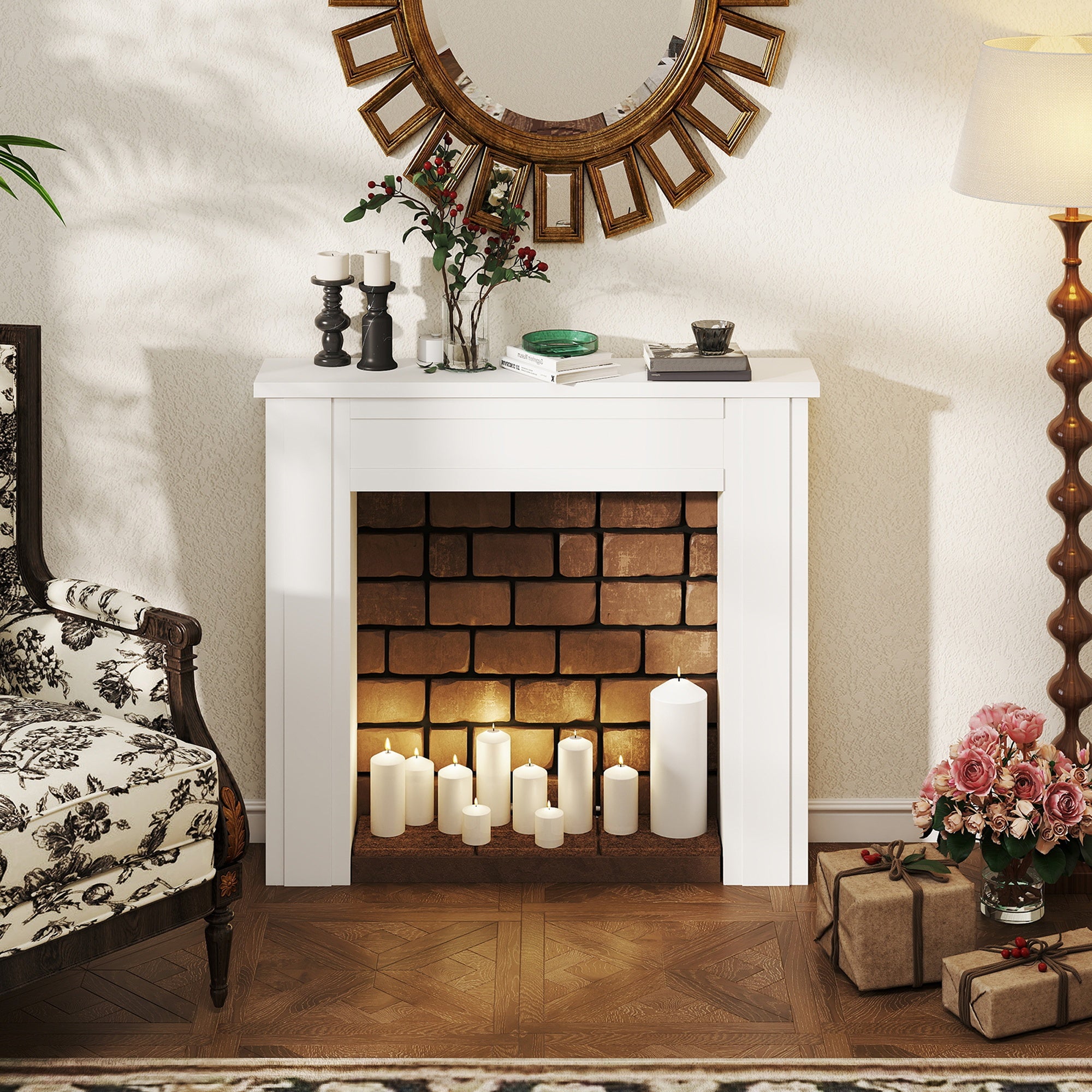 Modern White Fireplace Mantel Shelf with Surround Frame & Legs - Solid Mantel Suitable for Fireplaces, Inserts, Stoves, Inserts - Contemporary Minimalist for,, Centerpiece for Firewood Display and Decorative Use