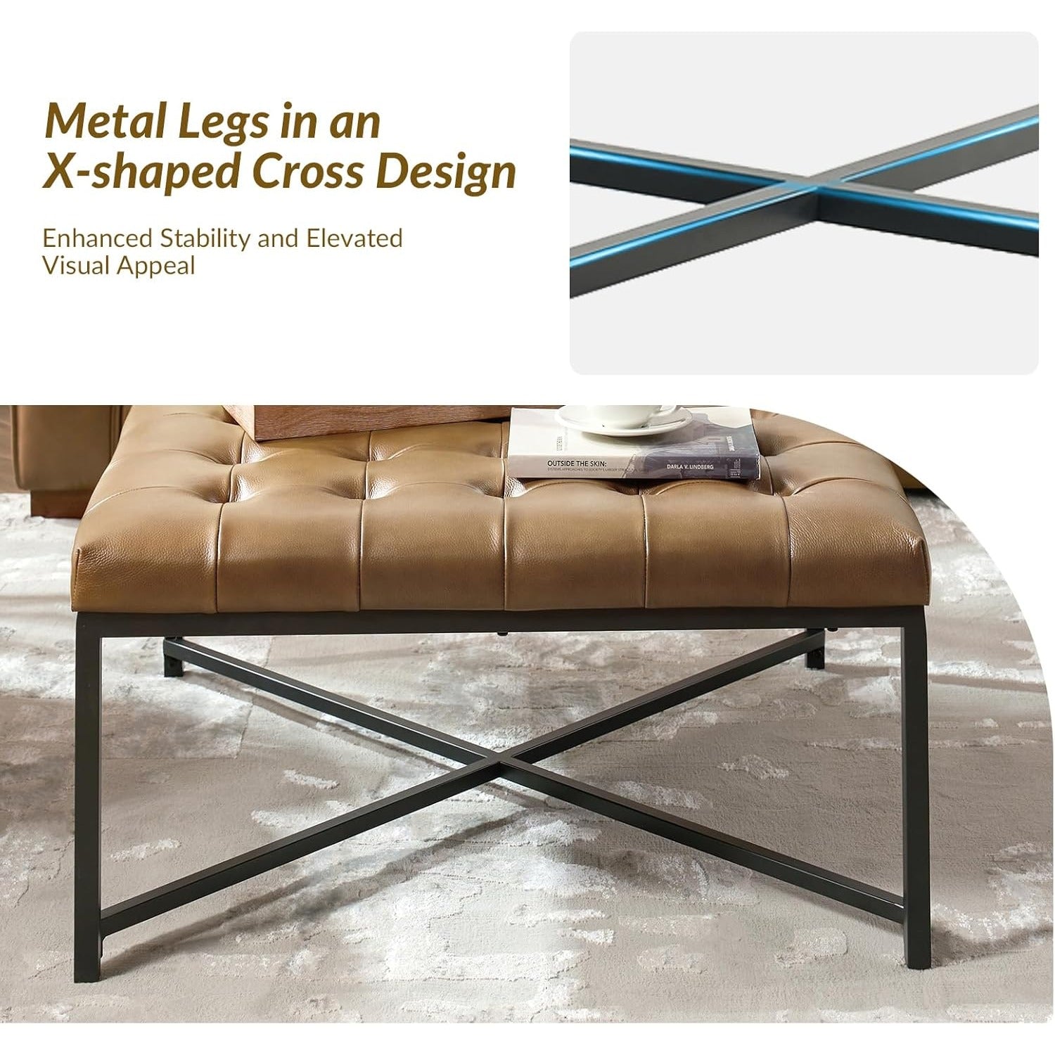 Upholstered Coffee Table with Leather Padded Seat, Button Large Square Ottoman with Black Metal Frame, Genuine Leather