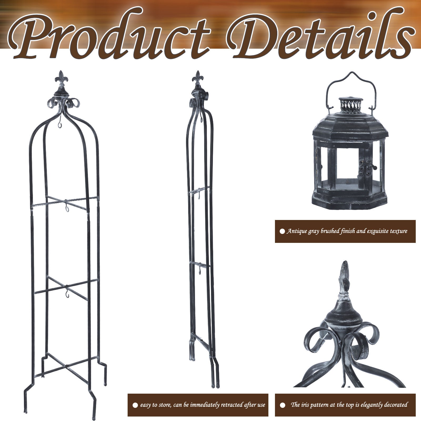 Metal Tall Floor Candle Lantern Holders Set Foldable 45 Inch 3 Tier Candle Stand with 3pcs Decorative Lanterns for Indoor Outdoor Yard Porch Room Patio Garden Balcony Wedding