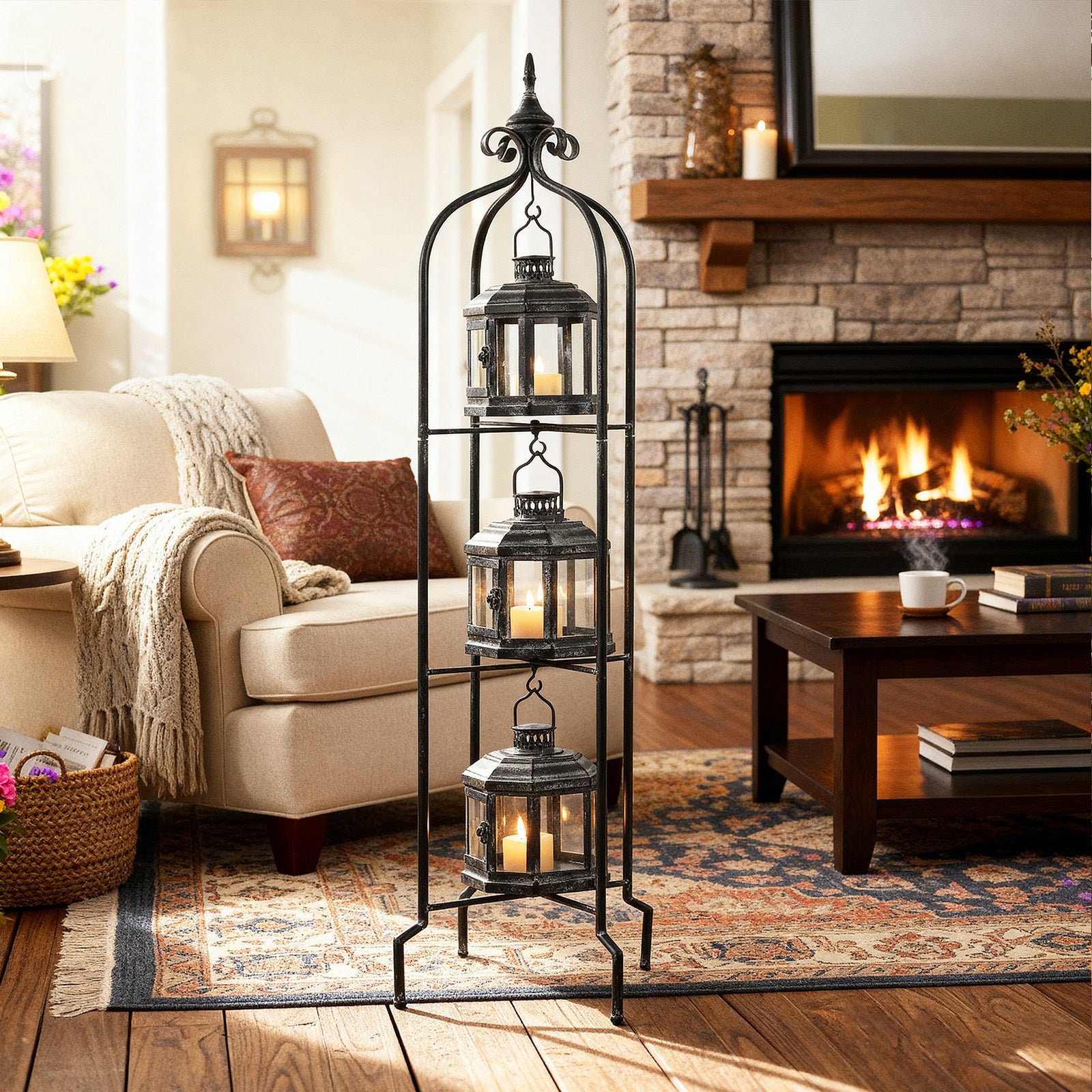 Metal Tall Floor Candle Lantern Holders Set Foldable 45 Inch 3 Tier Candle Stand with 3pcs Decorative Lanterns for Indoor Outdoor Yard Porch Room Patio Garden Balcony Wedding