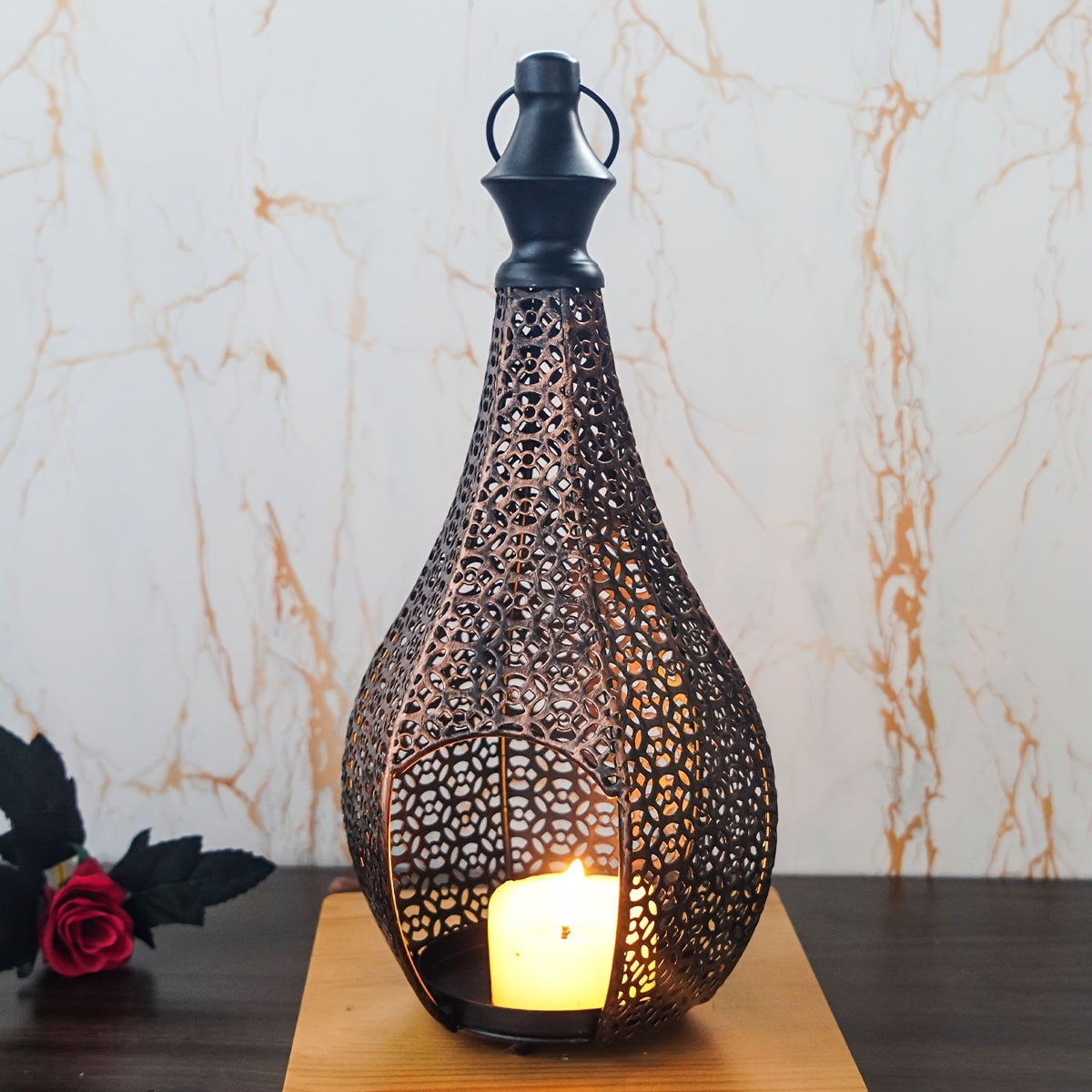 2pcs Bronze Moroccan Metal Candle Holders - Gourd-Shaped Vintage Cut-Out Carvings for Halloween, Ramadan, Christmas, Fireplace Mantel, Weddings & Home Decor, Artisanal Tabletop Accents (No Candles Included)