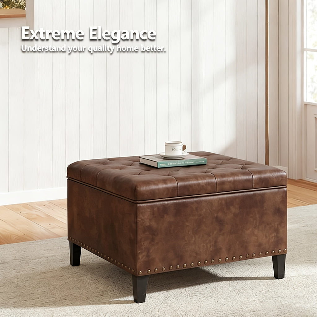 Storage Square Ottoman with Faux Leather Upholstery Bench with Rivet Footrest Coffee Table with Wood Legs for Living Room Bedroom and Entryway