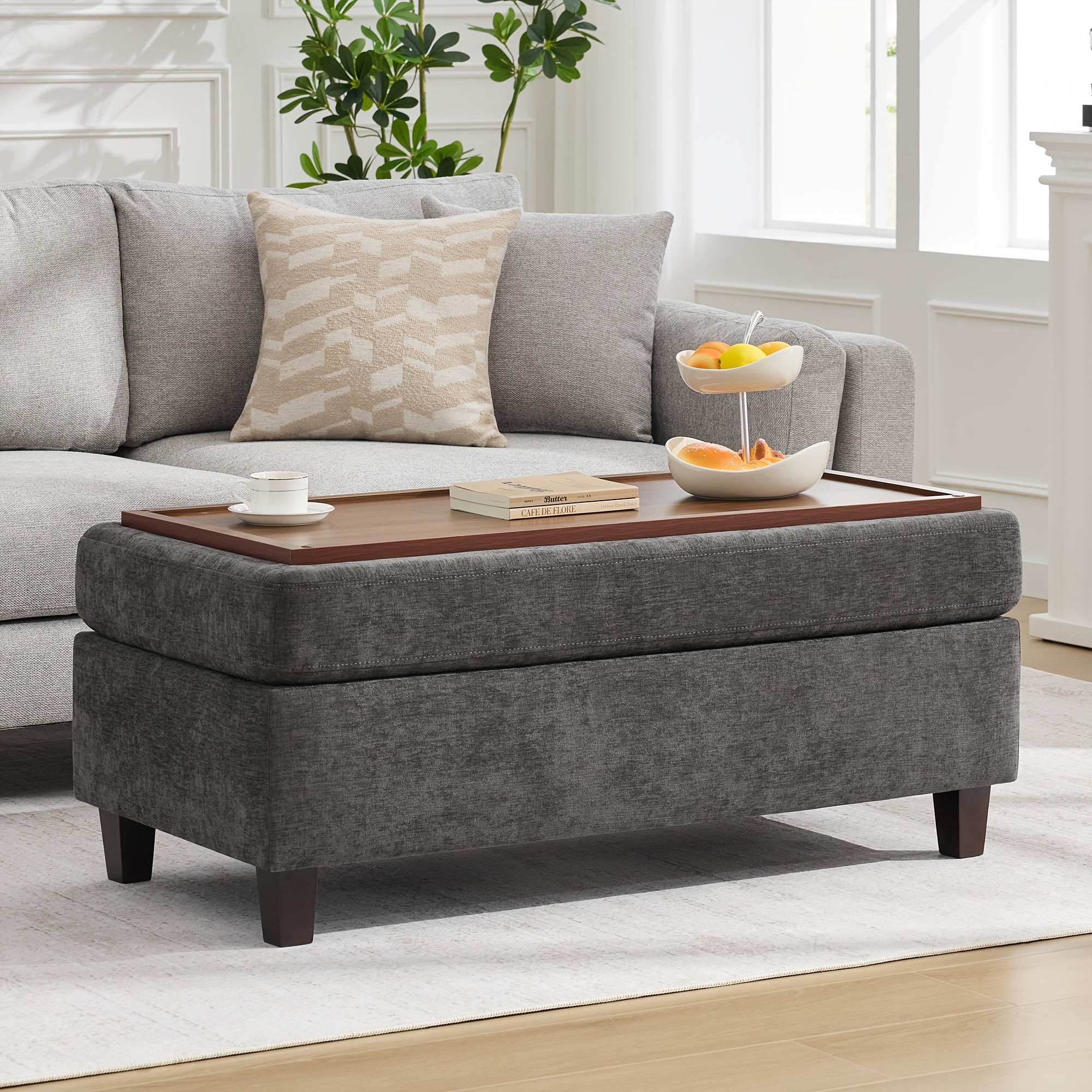 45 Inch Large Multifunctional Storage Ottoman Bench with Coffee Table Top & Chenille Upholstery - Solid Legs, Suitable for Living Room, Bedroom, Entryway Furniture - Footrest, Stool, Bench with Hidden Storage Compartment