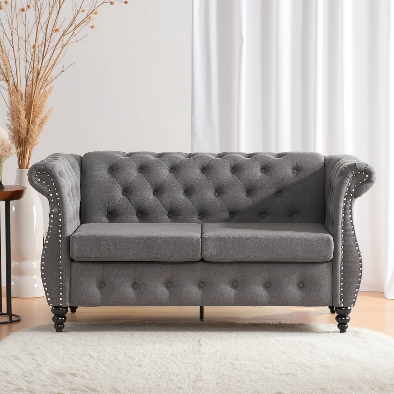 66'' Chesterfield Sofa - Upholstered Game Room Sofa with Tufted Back, Vintage Wood Legs And Nailhead Trim, Gray Recliner for Game And Recreation Room Furniture