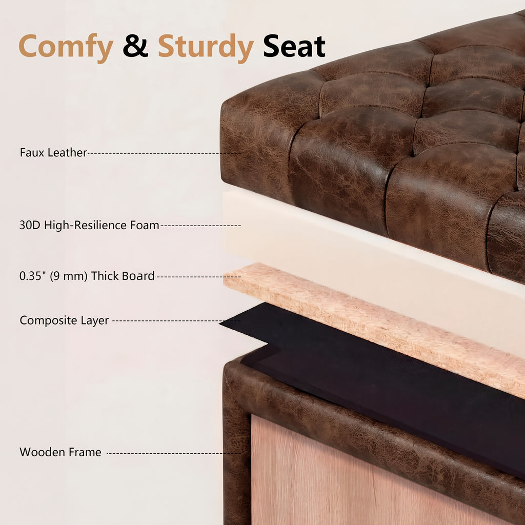 Storage Square Ottoman with Faux Leather Upholstery Bench with Rivet Footrest Coffee Table with Wood Legs for Living Room Bedroom and Entryway