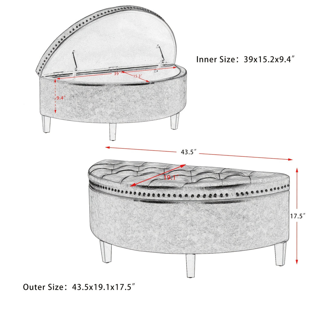 Storage Ottoman Bench, PU Leather Half Moon Button Tufted Ottoman With Rivet, Coffee Table For Living Room Bedroom Entryway