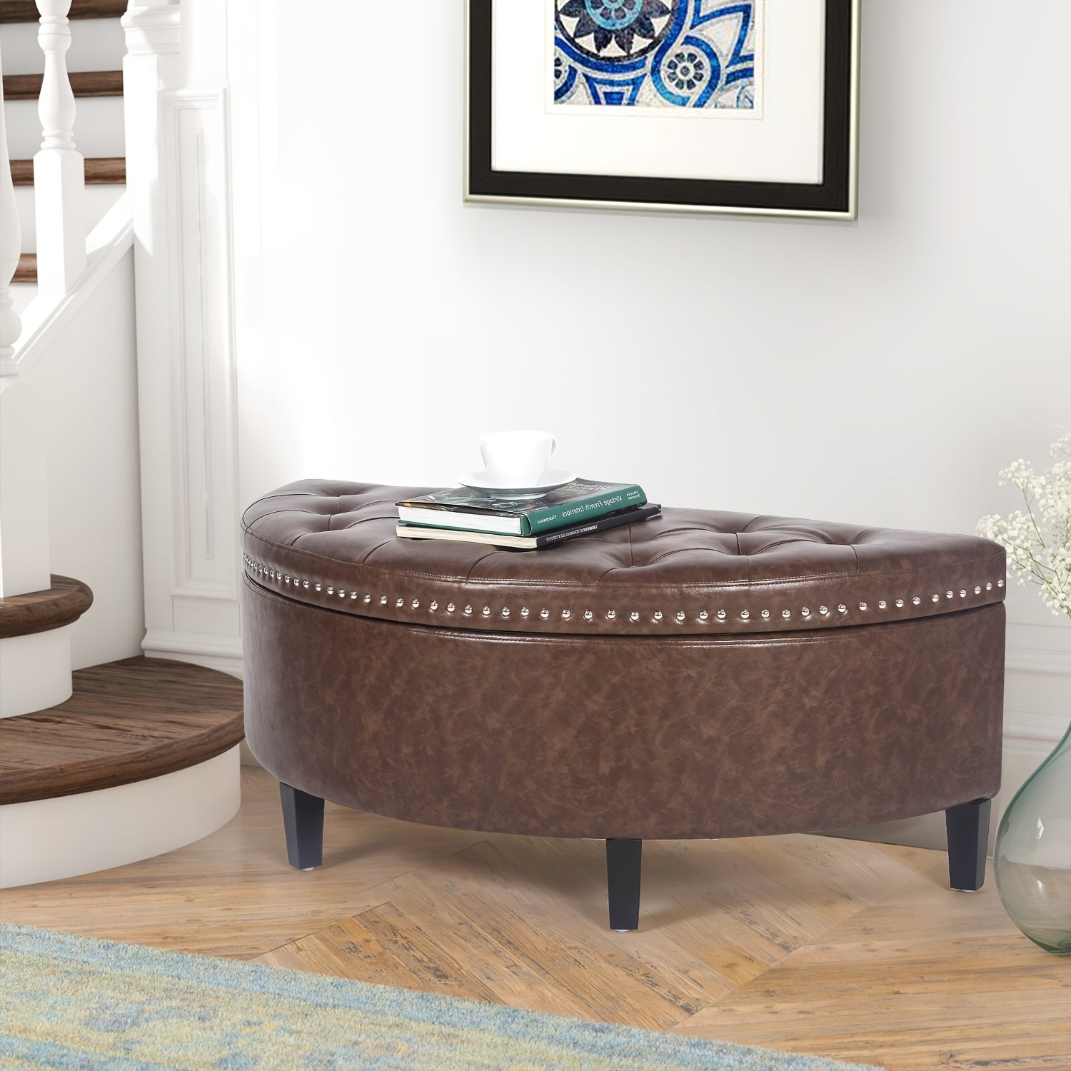 Storage Ottoman Bench, PU Leather Half Moon Button Tufted Ottoman With Rivet, Coffee Table For Living Room Bedroom Entryway