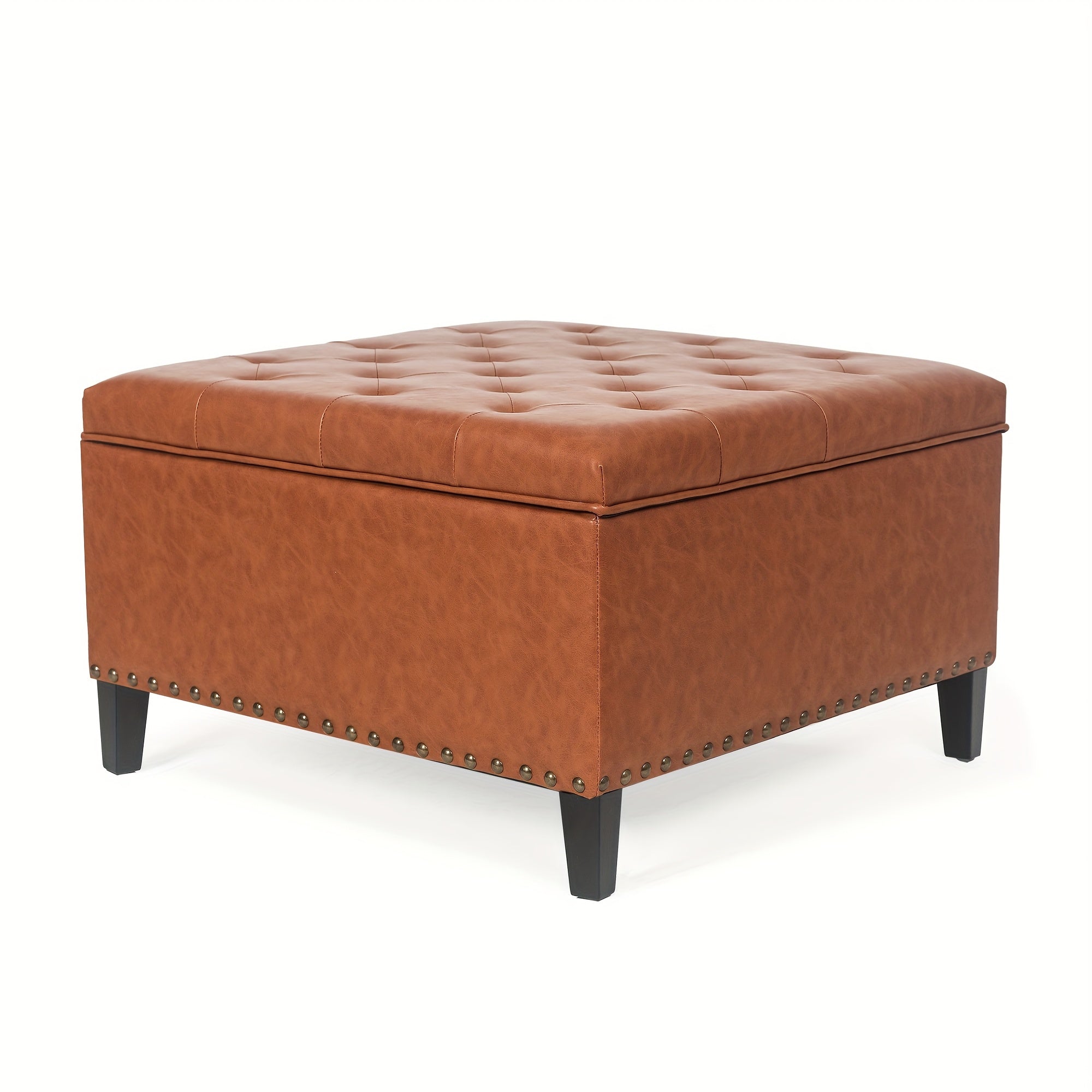 Storage Square Ottoman with Faux Leather Upholstery Bench with Rivet Footrest Coffee Table with Wood Legs for Living Room Bedroom and Entryway