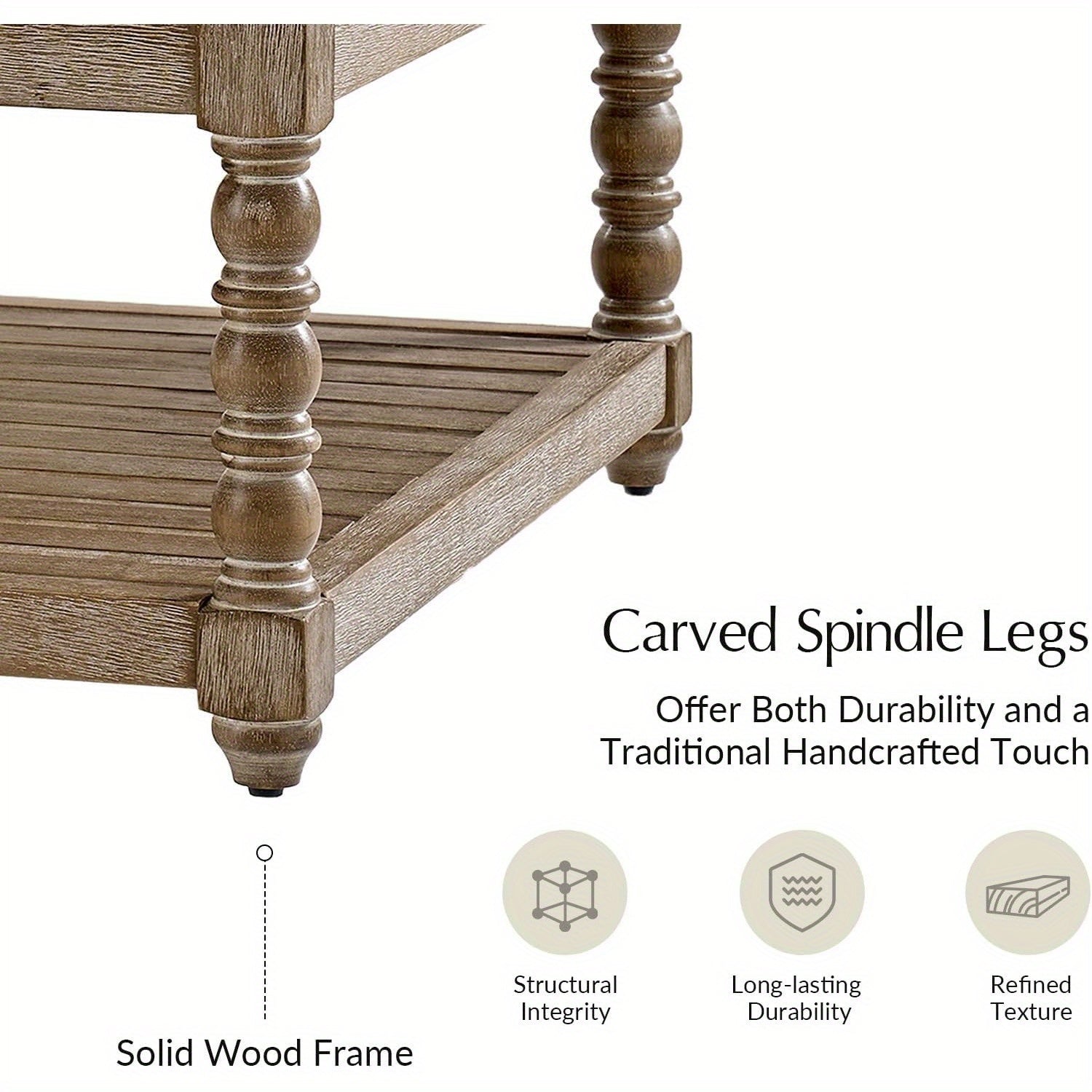 Rectangular Upholstered Coffee Table Ottoman Featuring Spindle Wooden Legs, Tufted Design, And a Solid Wood Storage Shelf for The Living Room
