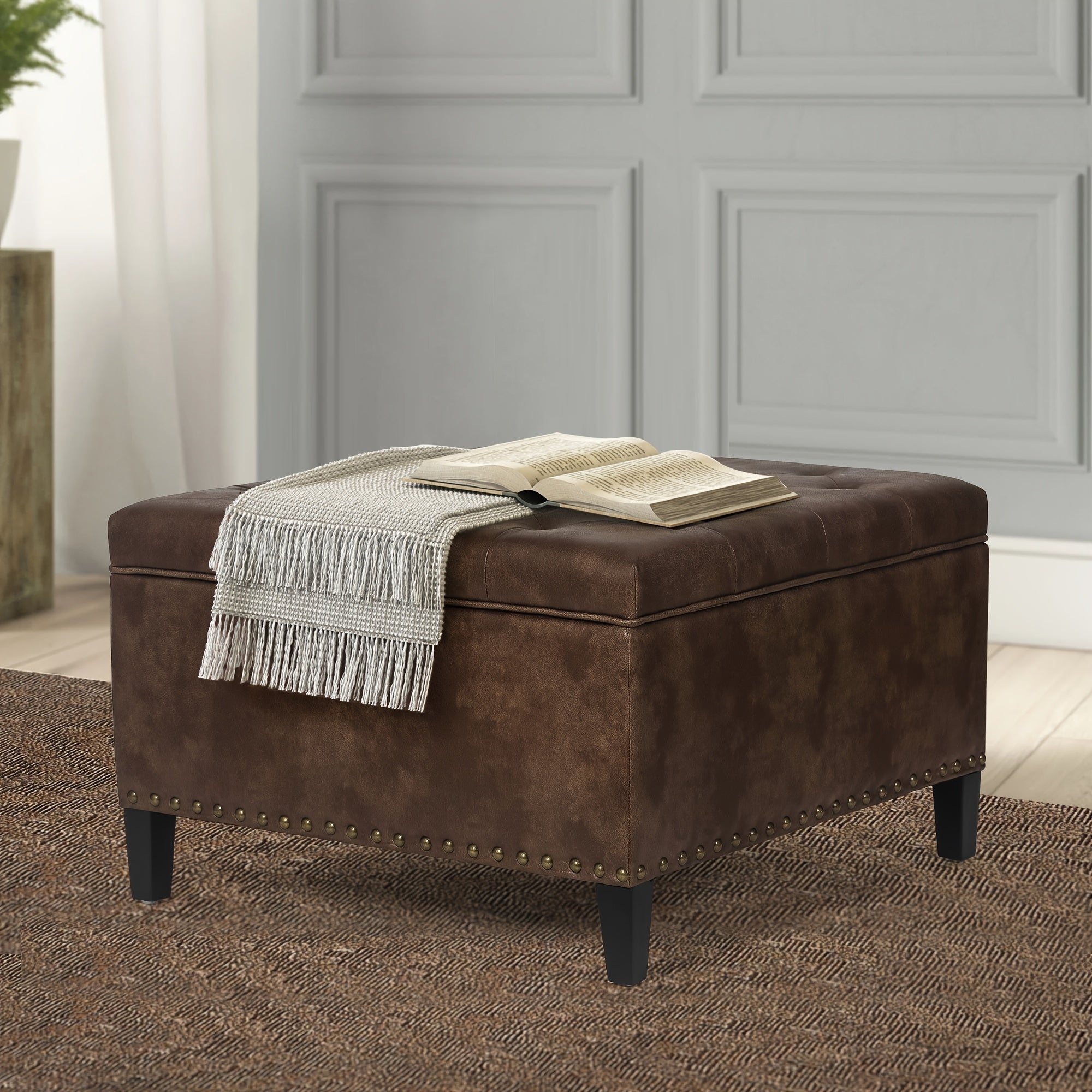 Storage Square Ottoman with Faux Leather Upholstery Bench with Rivet Footrest Coffee Table with Wood Legs for Living Room Bedroom and Entryway