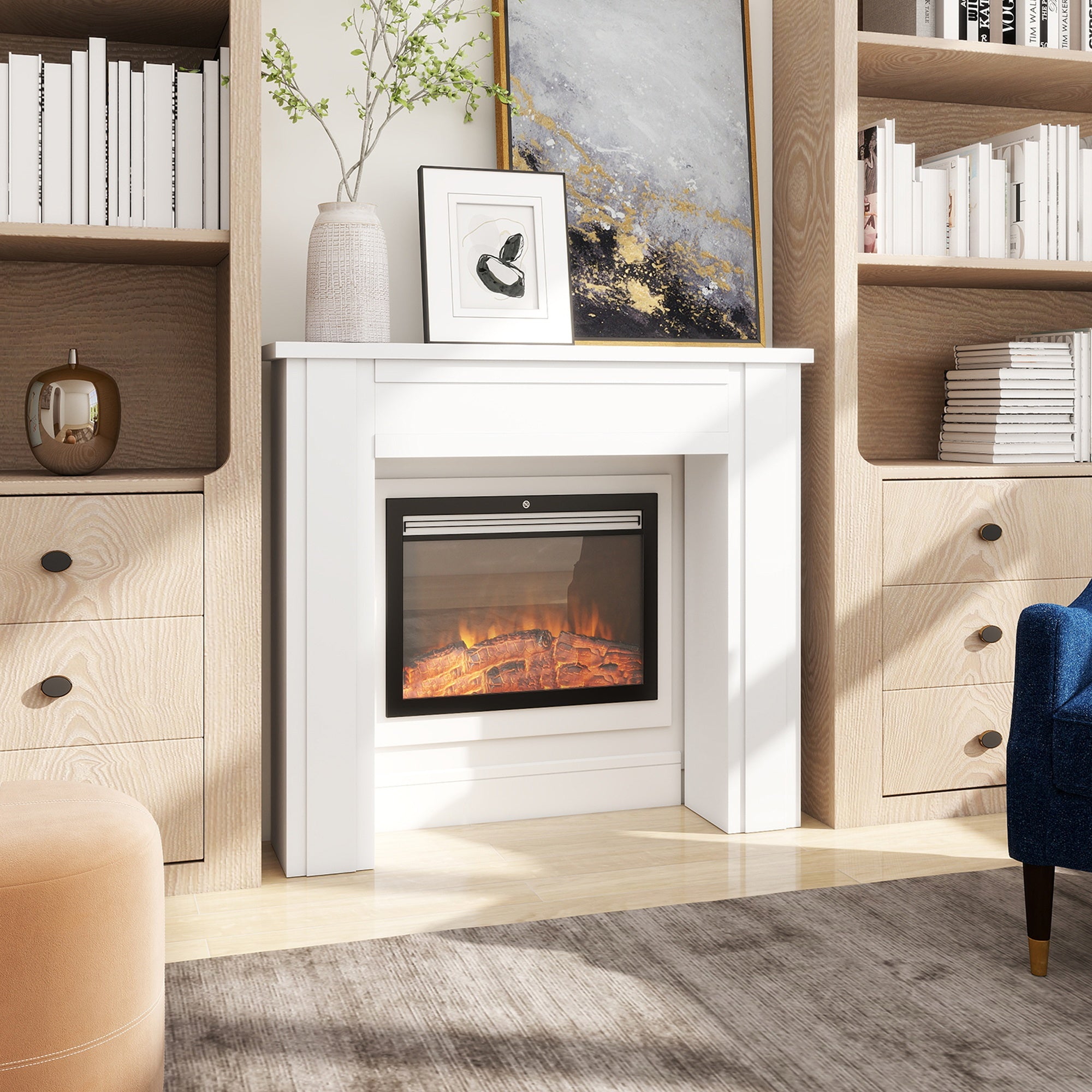 Modern White Fireplace Mantel Shelf with Surround Frame & Legs - Solid Mantel Suitable for Fireplaces, Inserts, Stoves, Inserts - Contemporary Minimalist for,, Centerpiece for Firewood Display and Decorative Use