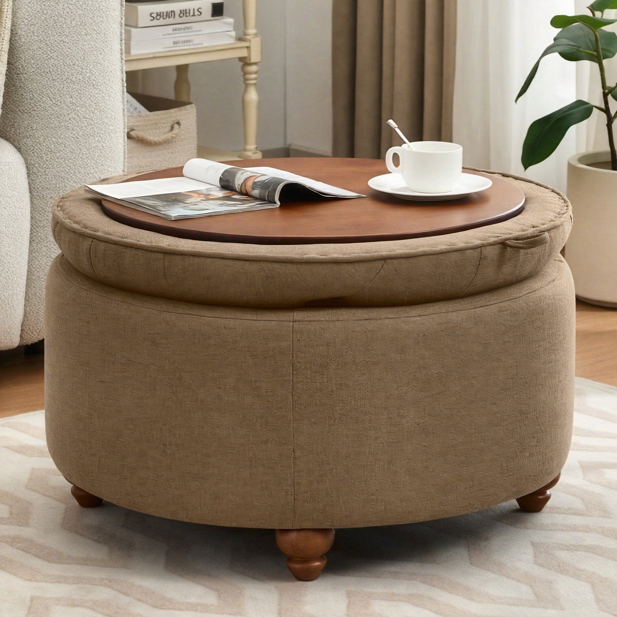 30-Inch Round Storage Ottoman Featuring a Tray, Modern Tufted Fabric Design, Serves As a Coffee Table with Storage, Upholstered with a Removable Top Suitable for Living Rooms And Bedrooms