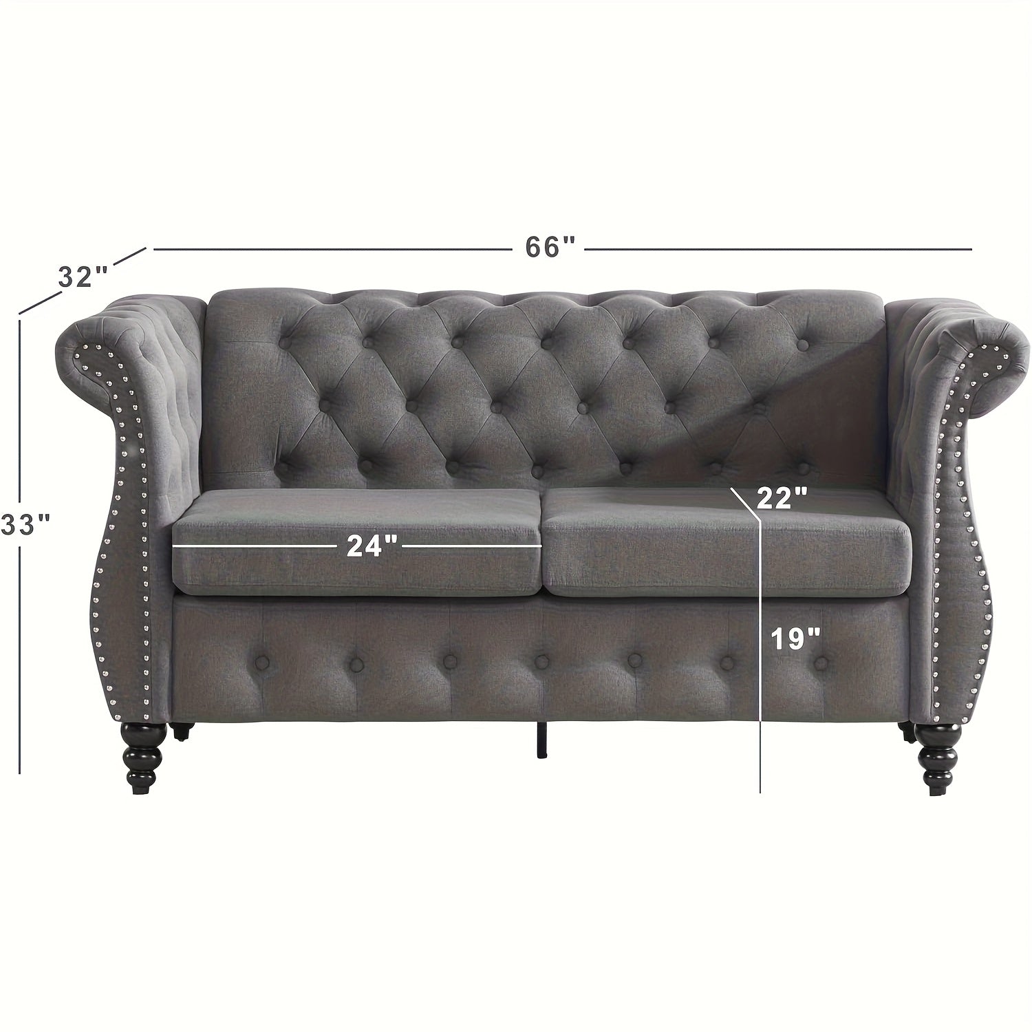 66'' Chesterfield Sofa - Upholstered Game Room Sofa with Tufted Back, Vintage Wood Legs And Nailhead Trim, Gray Recliner for Game And Recreation Room Furniture