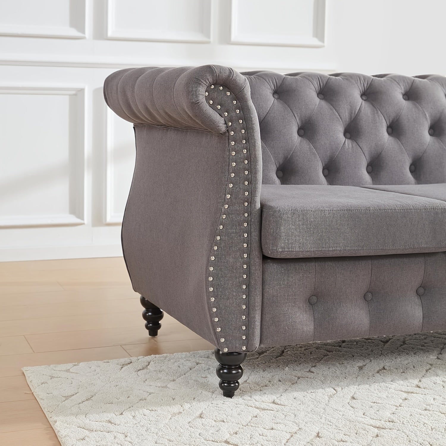 66'' Chesterfield Sofa - Upholstered Game Room Sofa with Tufted Back, Vintage Wood Legs And Nailhead Trim, Gray Recliner for Game And Recreation Room Furniture