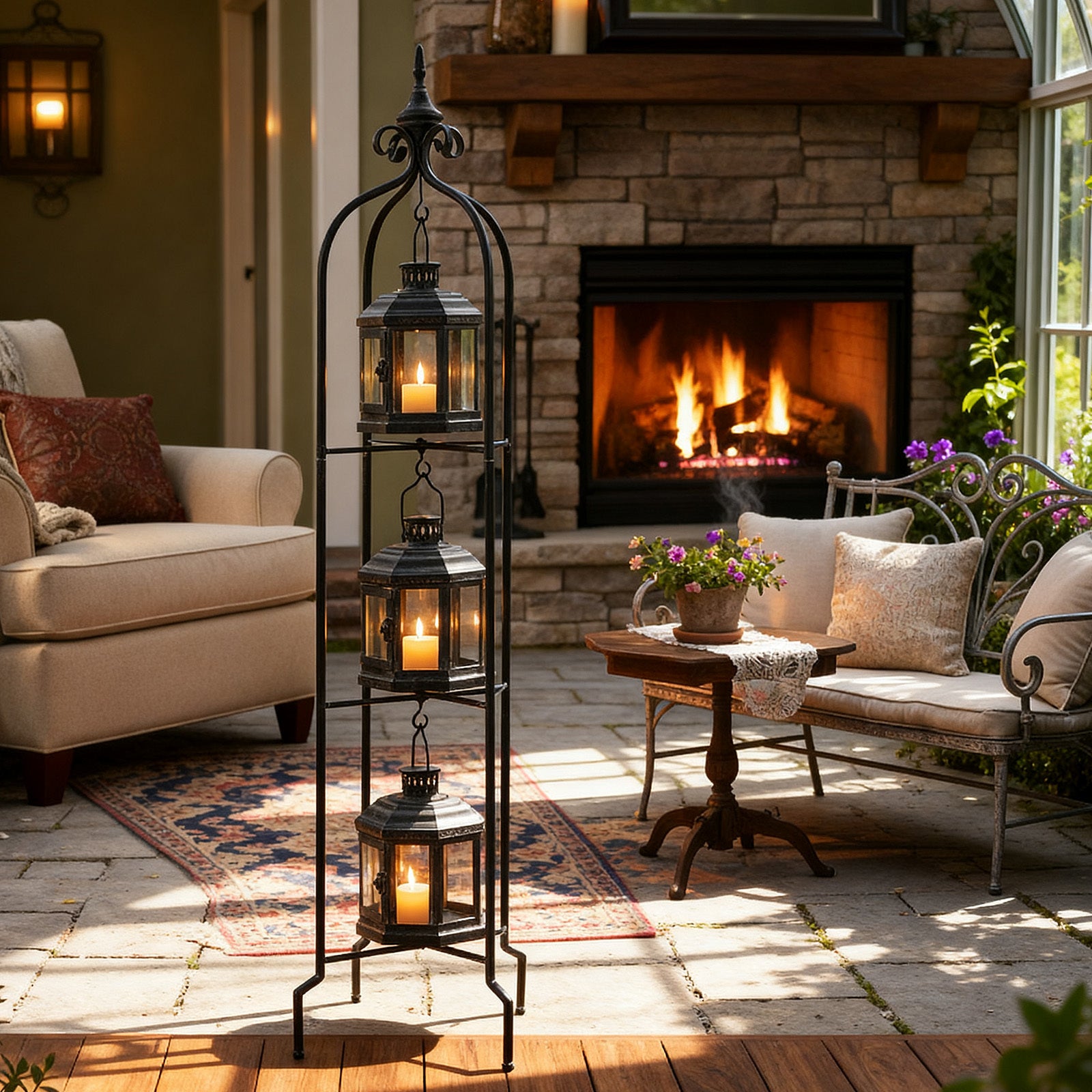 Metal Tall Floor Candle Lantern Holders Set Foldable 45 Inch 3 Tier Candle Stand with 3pcs Decorative Lanterns for Indoor Outdoor Yard Porch Room Patio Garden Balcony Wedding