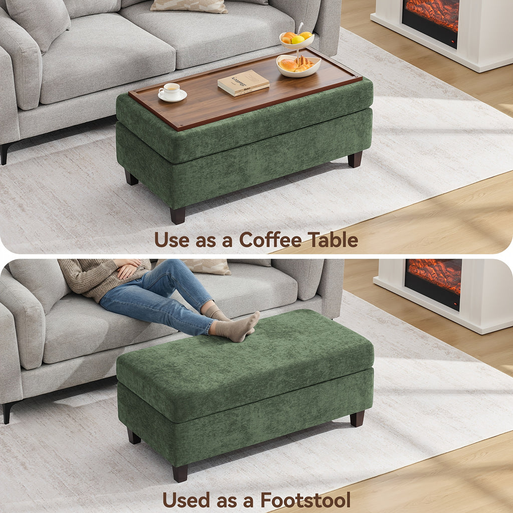 45 Inch Large Multifunctional Storage Ottoman Bench with Coffee Table Top & Chenille Upholstery - Solid Legs, Suitable for Living Room, Bedroom, Entryway Furniture - Footrest, Stool, Bench with Hidden Storage Compartment
