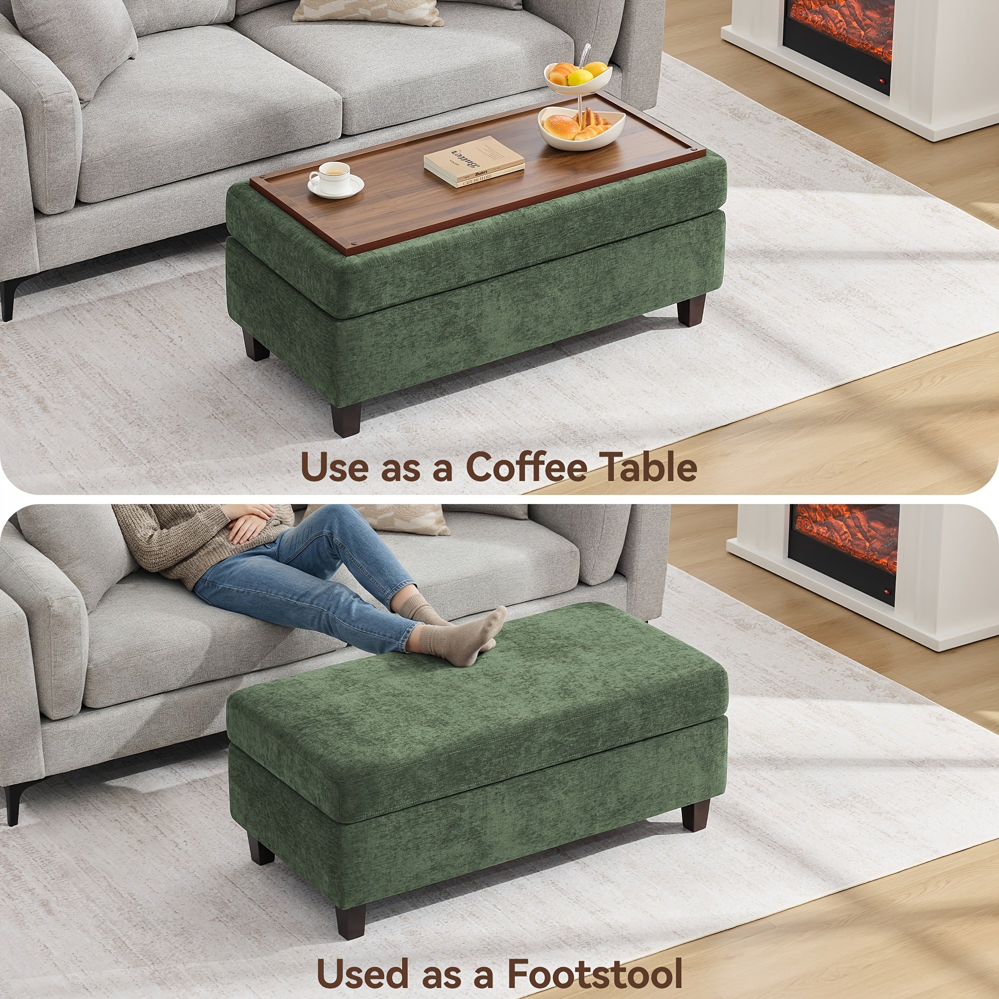 45 Inch Large Multifunctional Storage Ottoman Bench with Coffee Table Top & Chenille Upholstery - Solid Legs, Suitable for Living Room, Bedroom, Entryway Furniture - Footrest, Stool, Bench with Hidden Storage Compartment
