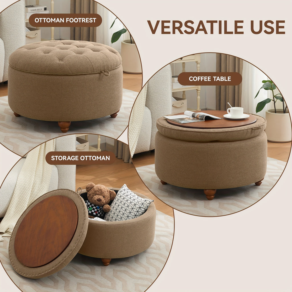 30-Inch Round Storage Ottoman Featuring a Tray, Modern Tufted Fabric Design, Serves As a Coffee Table with Storage, Upholstered with a Removable Top Suitable for Living Rooms And Bedrooms