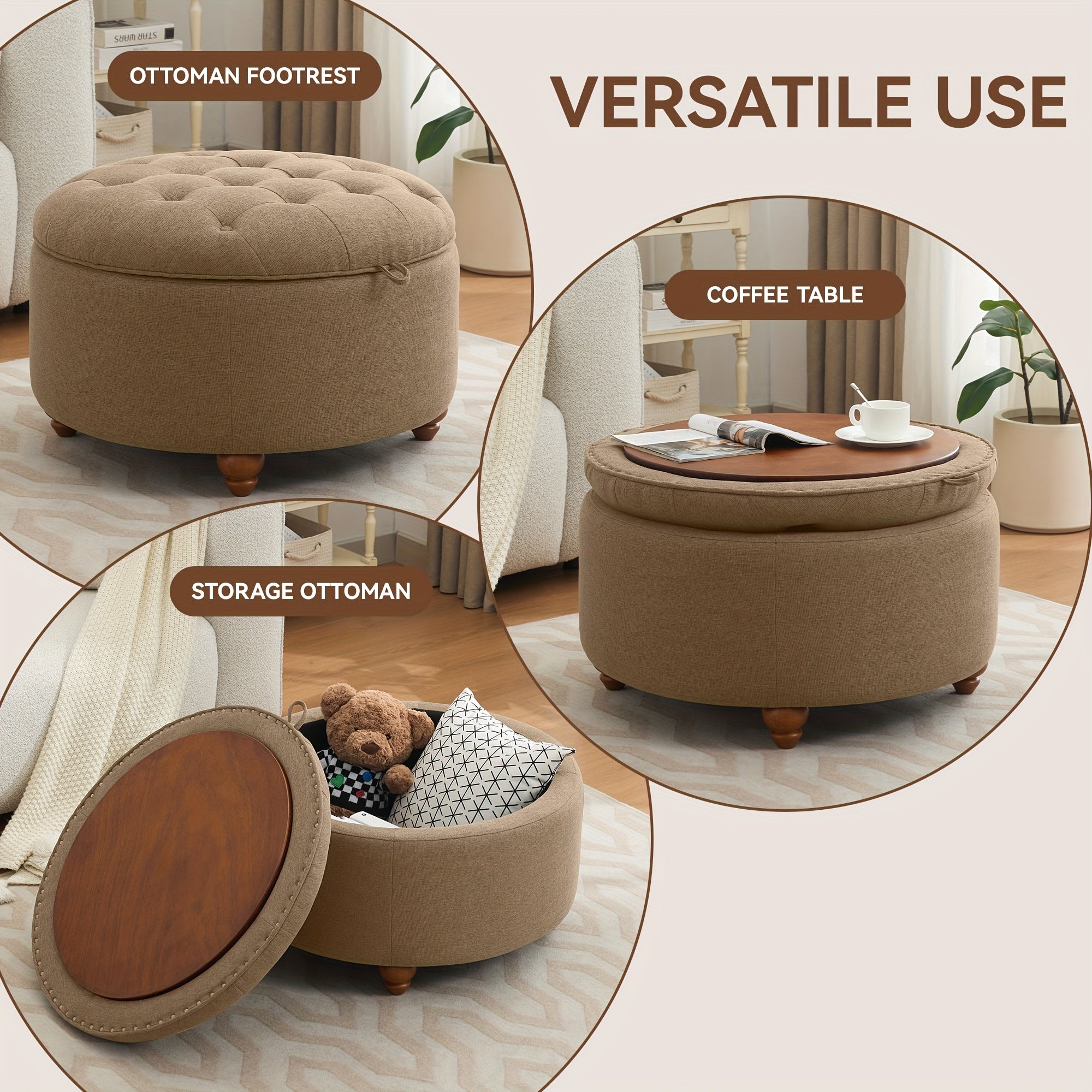 30-Inch Round Storage Ottoman Featuring a Tray, Modern Tufted Fabric Design, Serves As a Coffee Table with Storage, Upholstered with a Removable Top Suitable for Living Rooms And Bedrooms