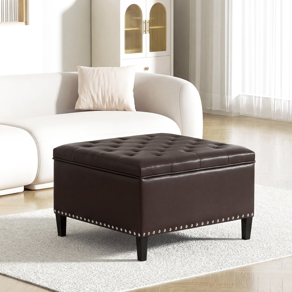 Storage Square Ottoman with Faux Leather Upholstery Bench with Rivet Footrest Coffee Table with Wood Legs for Living Room Bedroom and Entryway