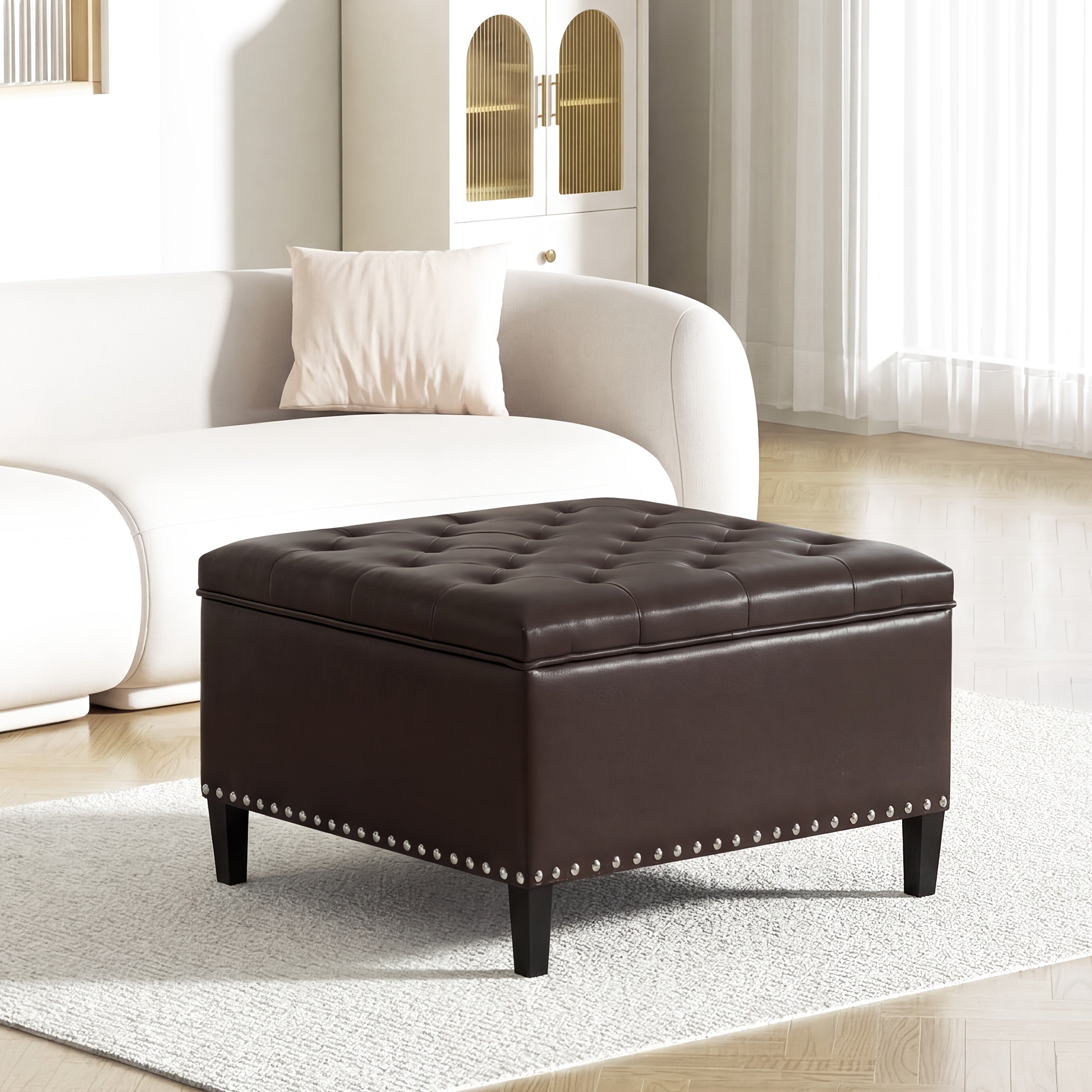 Storage Square Ottoman with Faux Leather Upholstery Bench with Rivet Footrest Coffee Table with Wood Legs for Living Room Bedroom and Entryway