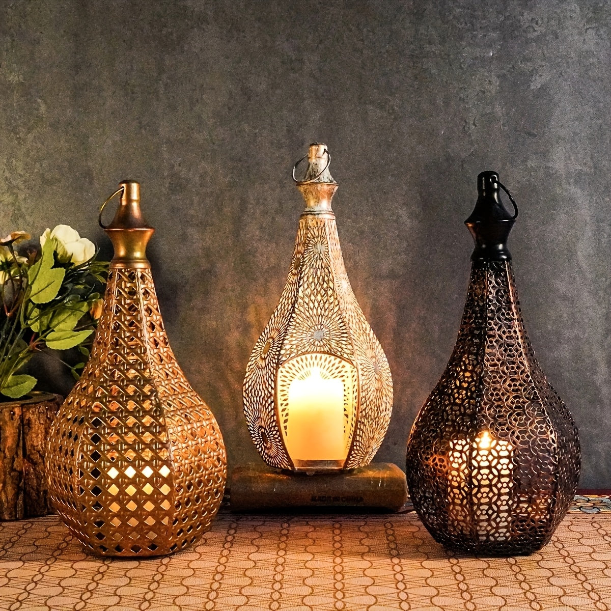 2pcs Bronze Moroccan Metal Candle Holders - Gourd-Shaped Vintage Cut-Out Carvings for Halloween, Ramadan, Christmas, Fireplace Mantel, Weddings & Home Decor, Artisanal Tabletop Accents (No Candles Included)
