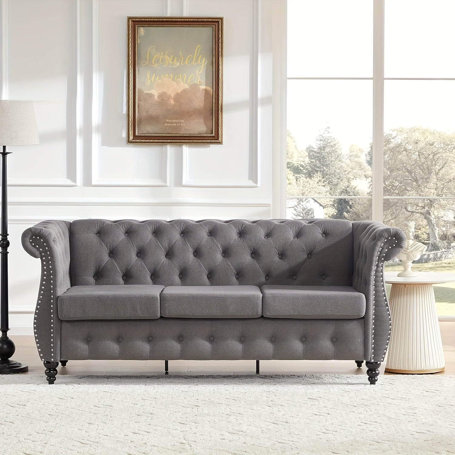 66'' Chesterfield Sofa - Upholstered Game Room Sofa with Tufted Back, Vintage Wood Legs And Nailhead Trim, Gray Recliner for Game And Recreation Room Furniture